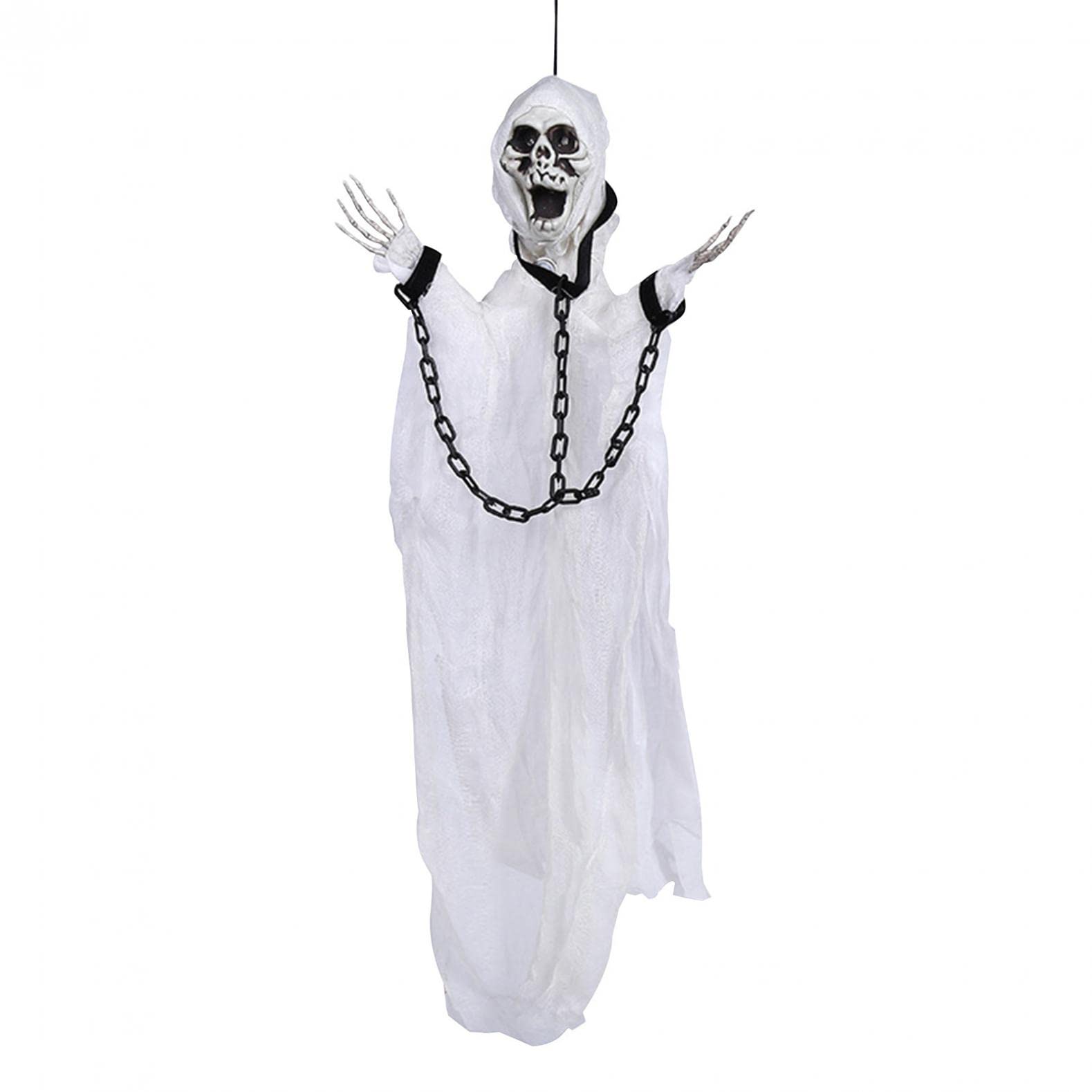 Scary Halloween Decorations - Hanging Ghost & Red-Eyed Skeleton with Voice Effects for Indoor Outdoor Window Wall Yard Patio Decor | Perfect for Spooky Party, Haunted House & Trick-or-Treat Scenes (White)