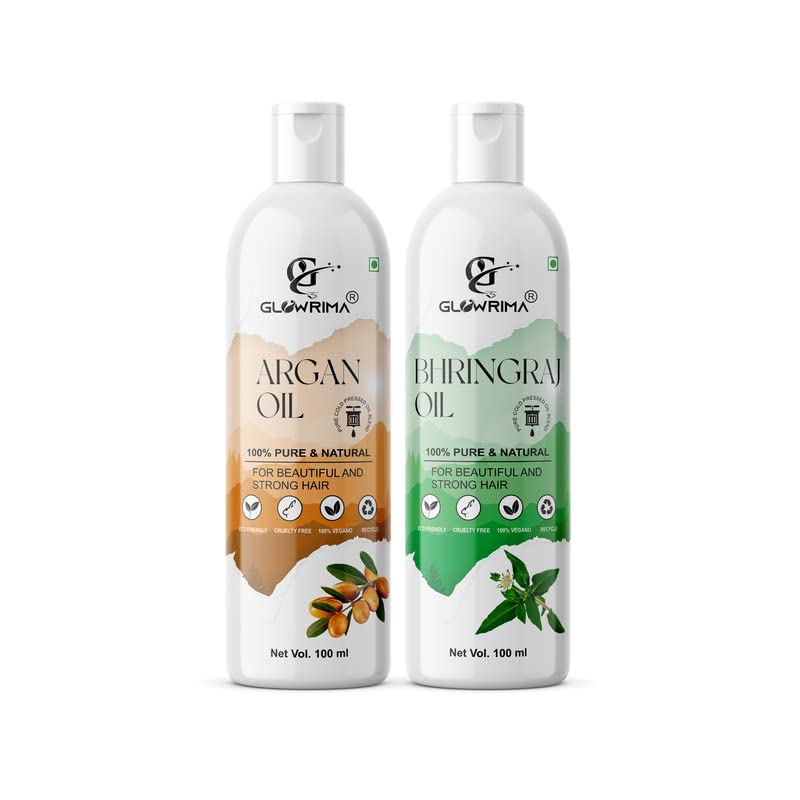 Glowrima 100% Pure Argan Oil & Bhringraj Oil Combo Set - 100ML Each for Hair Growth, Anti Hair Fall, Split Ends Repair - Promotes Soft, Shiny & Healthy Hair - Perfect for Daily Hair Care & Scalp Treatment (Pack of 2)