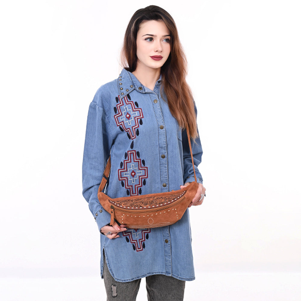 **American Darling ADBG1660 Genuine Western Leather Fanny Pack - Hand Tooled Suede Women's Crossbody Bag for Outdoor, Travel & Festivals**