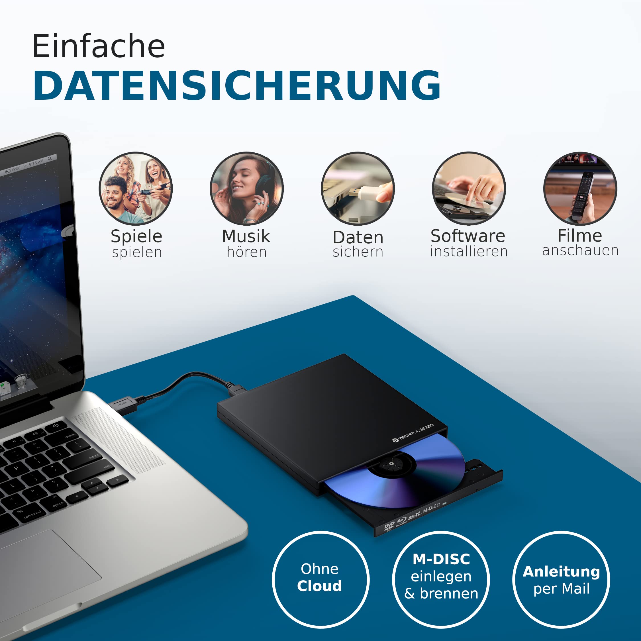 techPulse120 External Blu-Ray Burner USB 3.0 - Slim BDXL M-Disc 3D Blu-ray DVD CD Writer for PC, Mac, Laptop - Perfect for Data Backup, Media Archiving & Home Entertainment