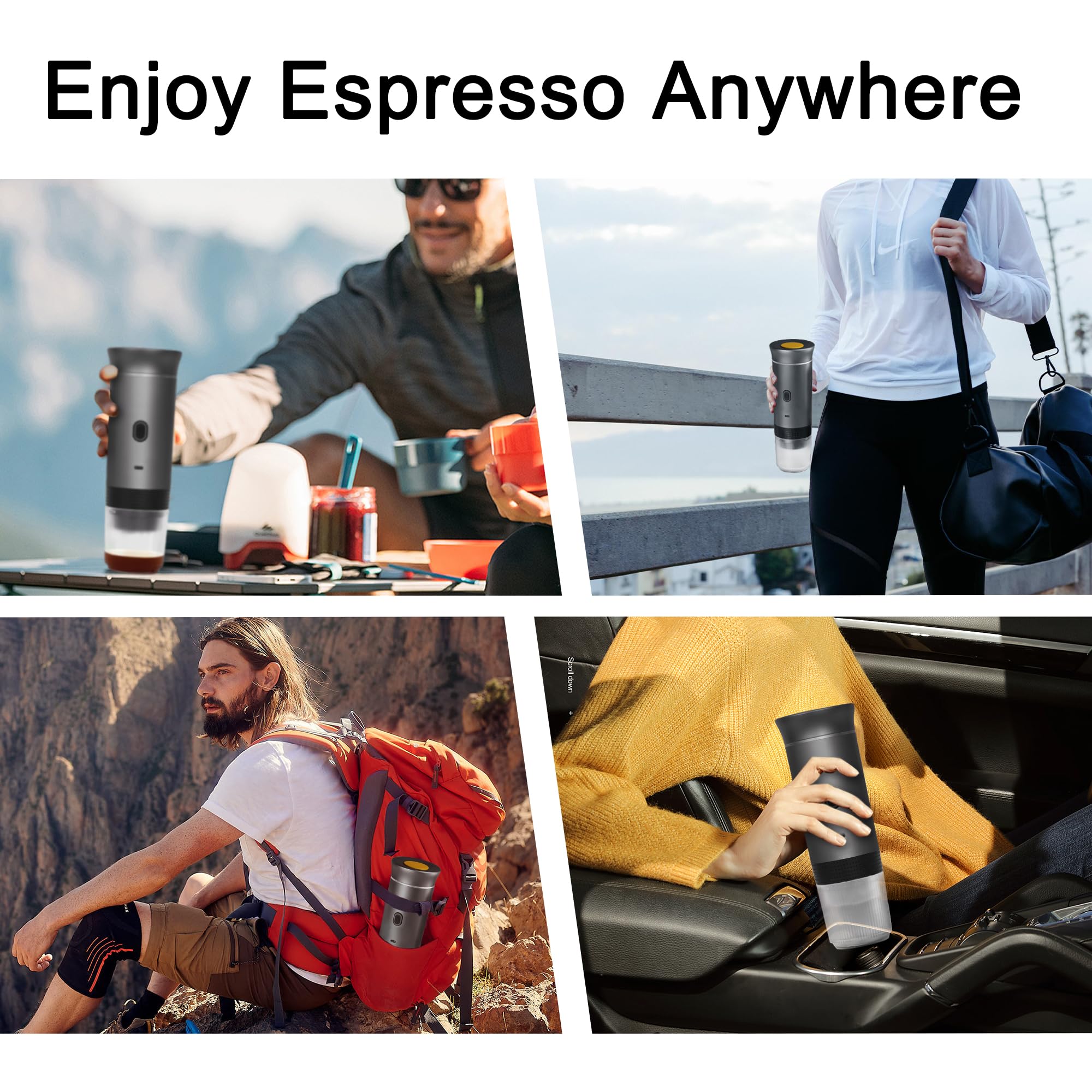 LumoShine Portable Espresso Maker - Mini Self Heating Coffee Machine for Ground Coffee & NS/DG Capsules - Compact Travel Coffee Maker for Camping, Hiking, RV & Outdoor Adventures (Grey) - Perfect for Home, Office & On-the-Go Coffee Lovers