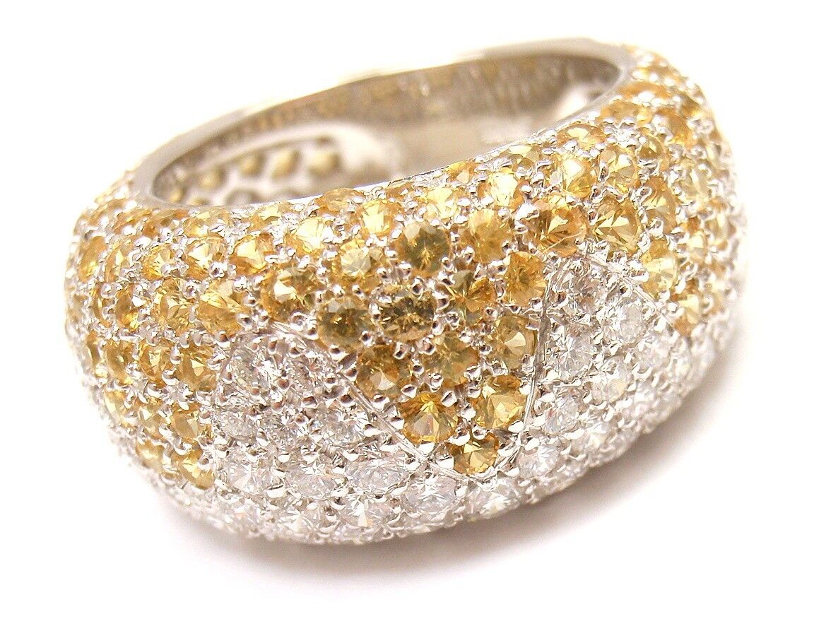 Authentic Chopard 18K White Gold Yellow Sapphire Diamond Wave Wide Band Ring for Women - Luxury Statement Jewelry for Weddings, Anniversaries & Special Occasions
