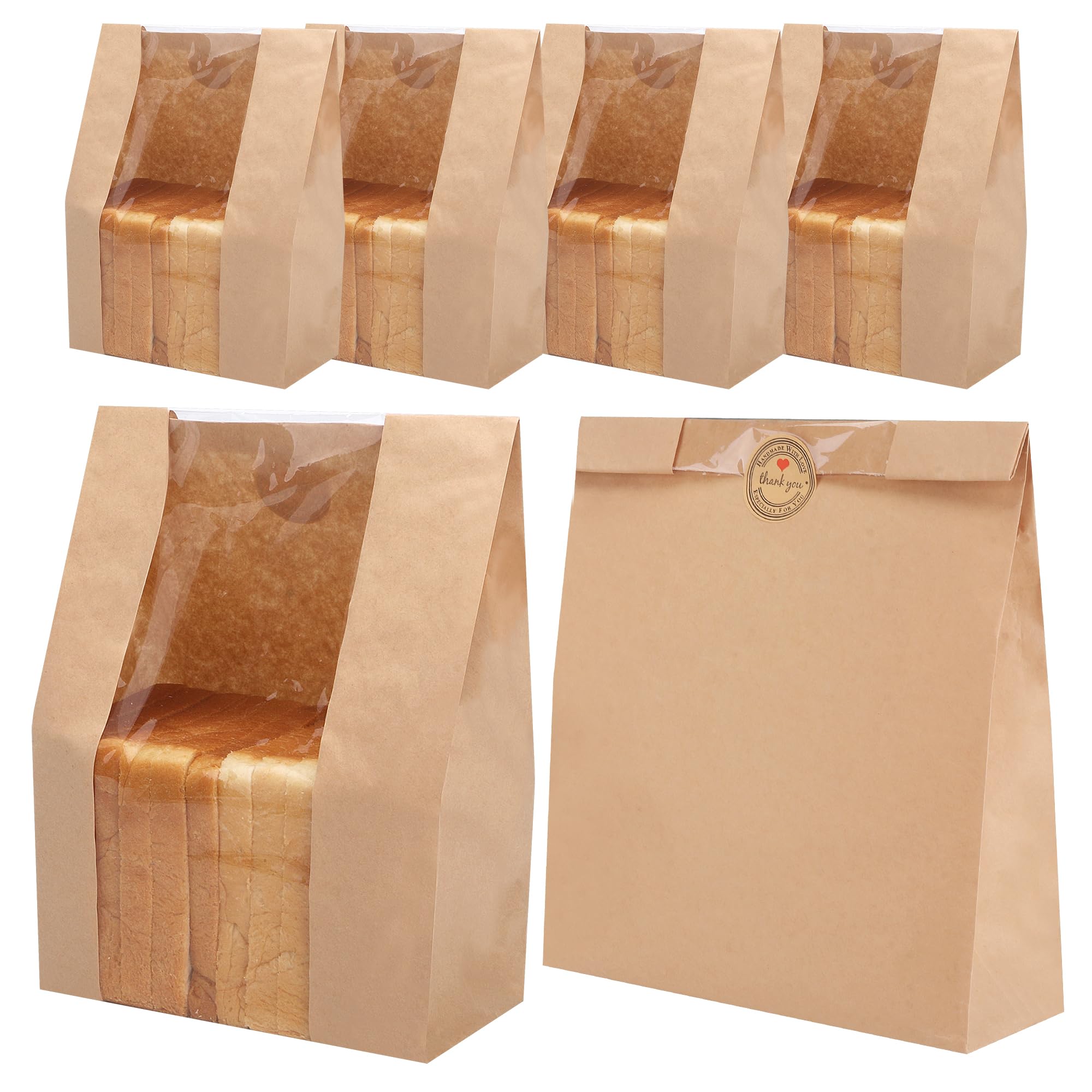 60 Pack Large Kraft Paper Bread Bags with Clear Window & Seal Stickers - 13.7