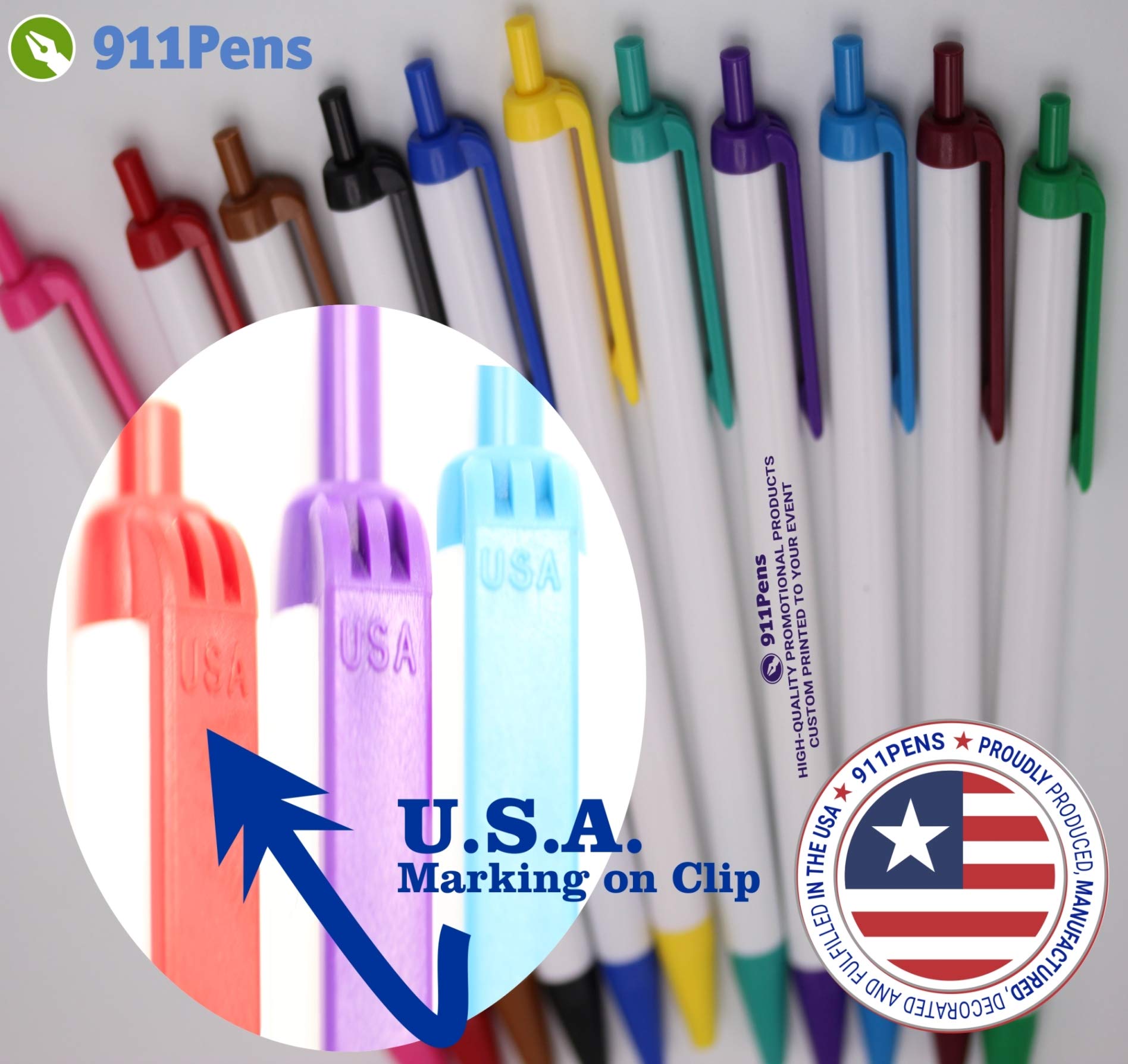 Custom Printed 911PENS USA Made Ballpoint Pens - Personalized with Your Logo & Text - Pack of 50 White Pens with Dark Blue Trim - Perfect for Corporate Gifts, Promotional Events & Office Supplies