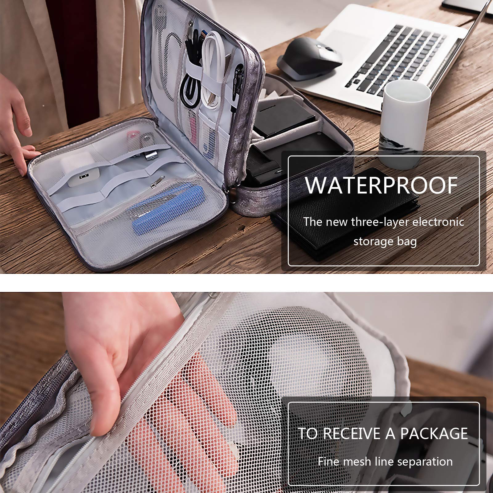 XunHe 3-Layer Waterproof Travel Cable Organizer Bag - Universal Electronics Accessories Pouch for Chargers, Cables, Mouse, Hard Drive & USB Sticks - Perfect for Business Trips, Vacations & Daily Commute (Grey)