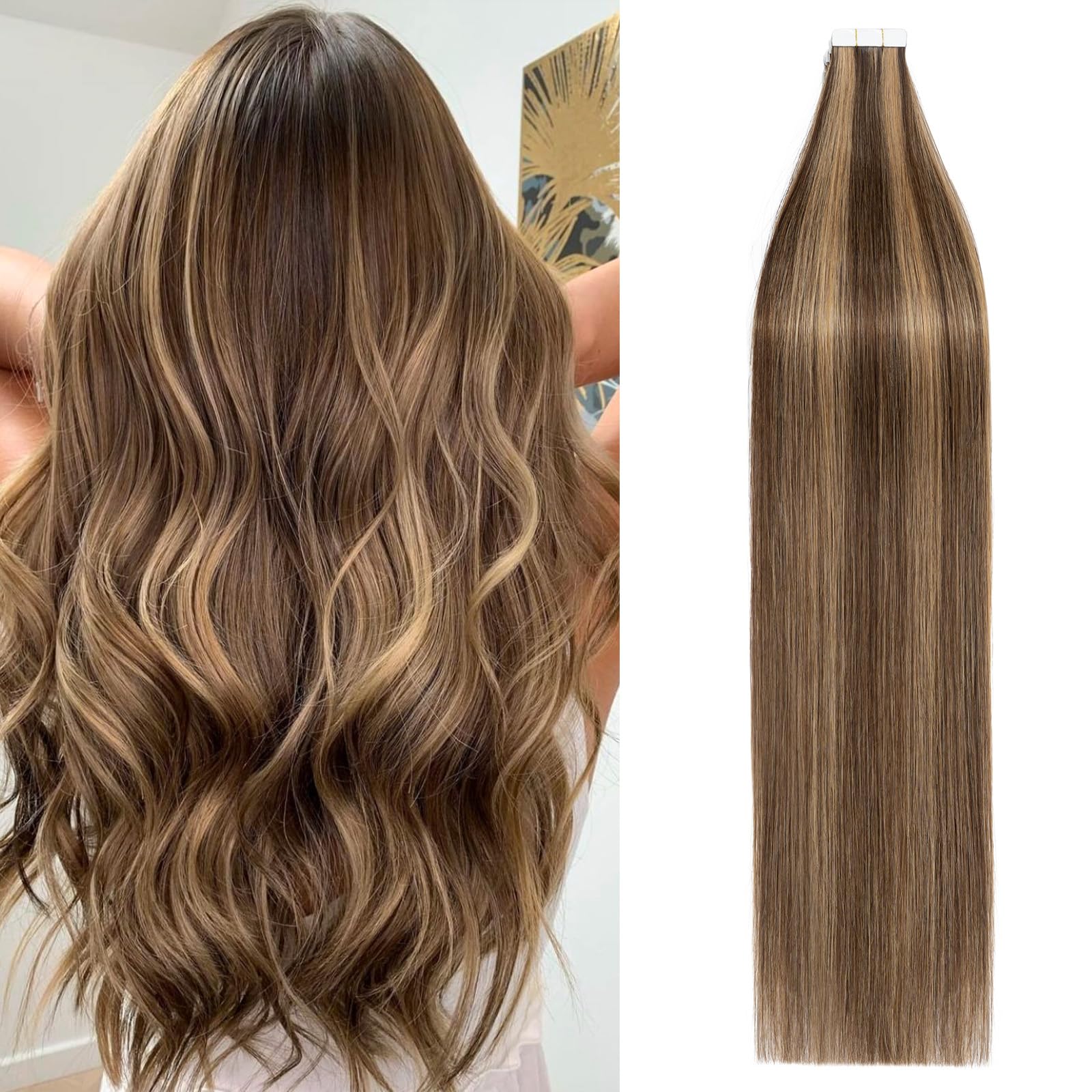 100% Remy Human Hair Tape in Extensions - 20pcs 14 Inch Double Sided Seamless Straight Tape Hair Extensions (Balayage Medium Brown/Dark Blonde) for Natural Volume & Length - Perfect for Weddings, Parties & Daily Styling