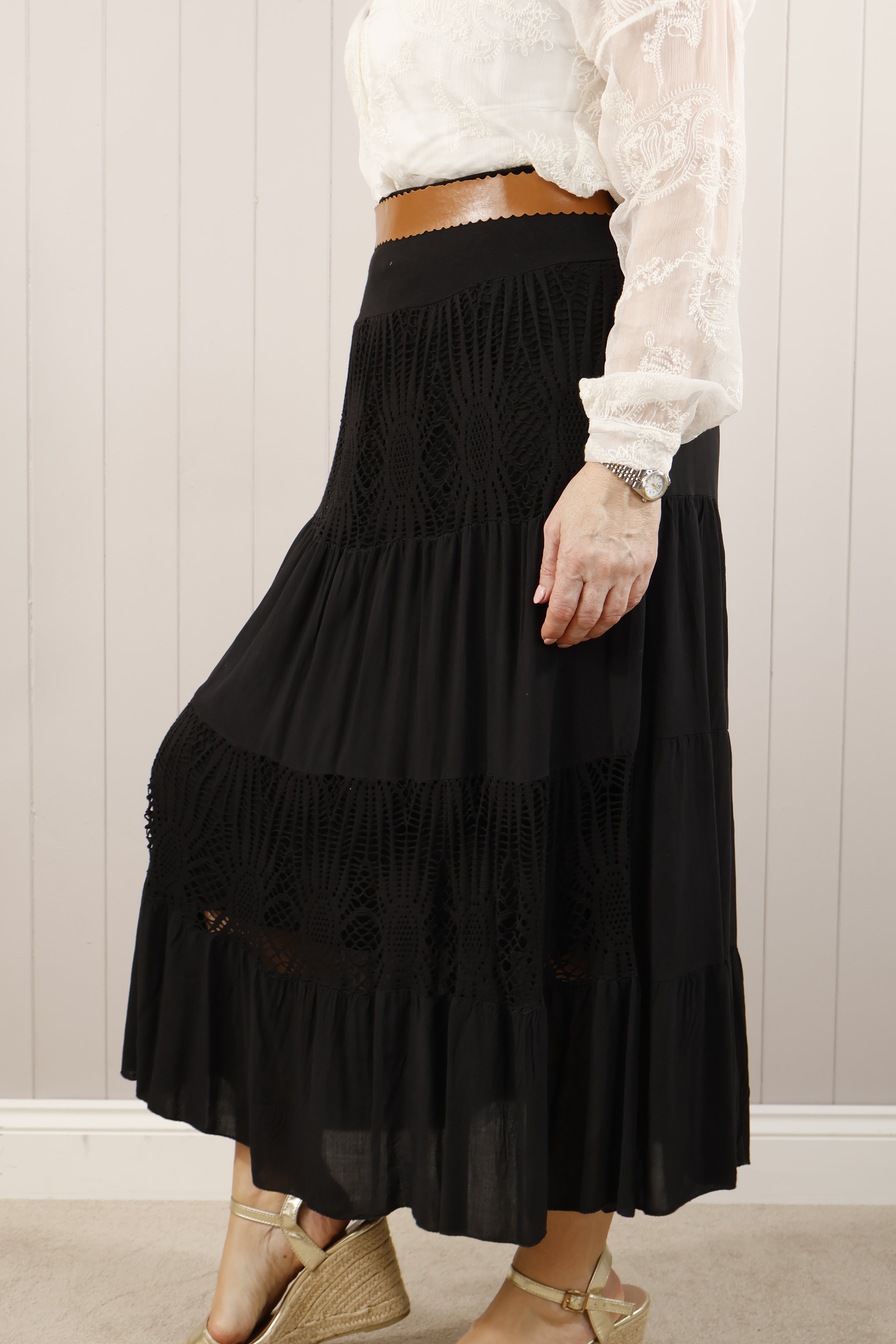 Black Crochet Panel Gypsy Skirt - Boho Chic Maxi Skirt for Women | Perfect for Festivals, Beach Vacations & Summer Outfits