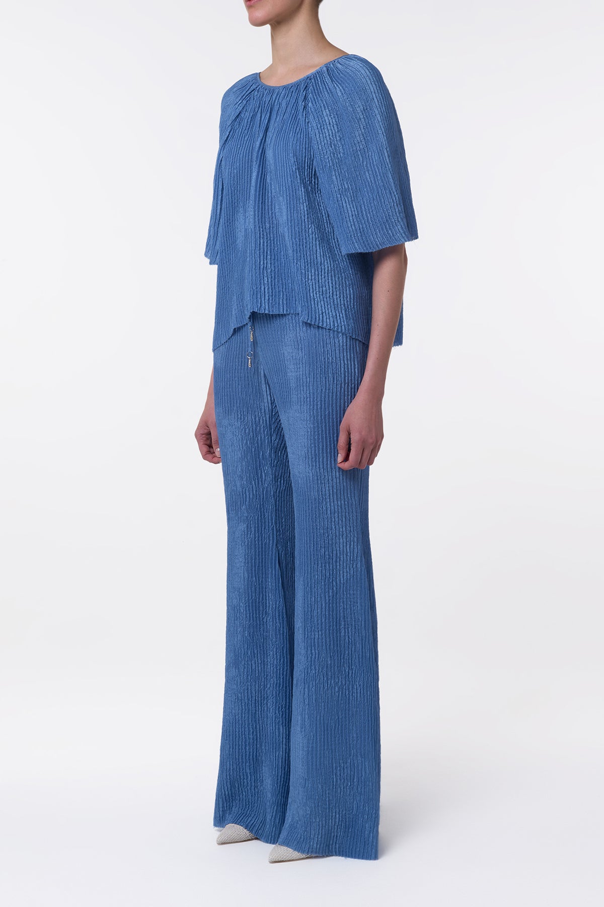 Nula Top in Sky Plisse Silk - Elegant Women's Silk Blouse for Casual & Evening Wear | Perfect for Date Nights, Office, and Special Occasions