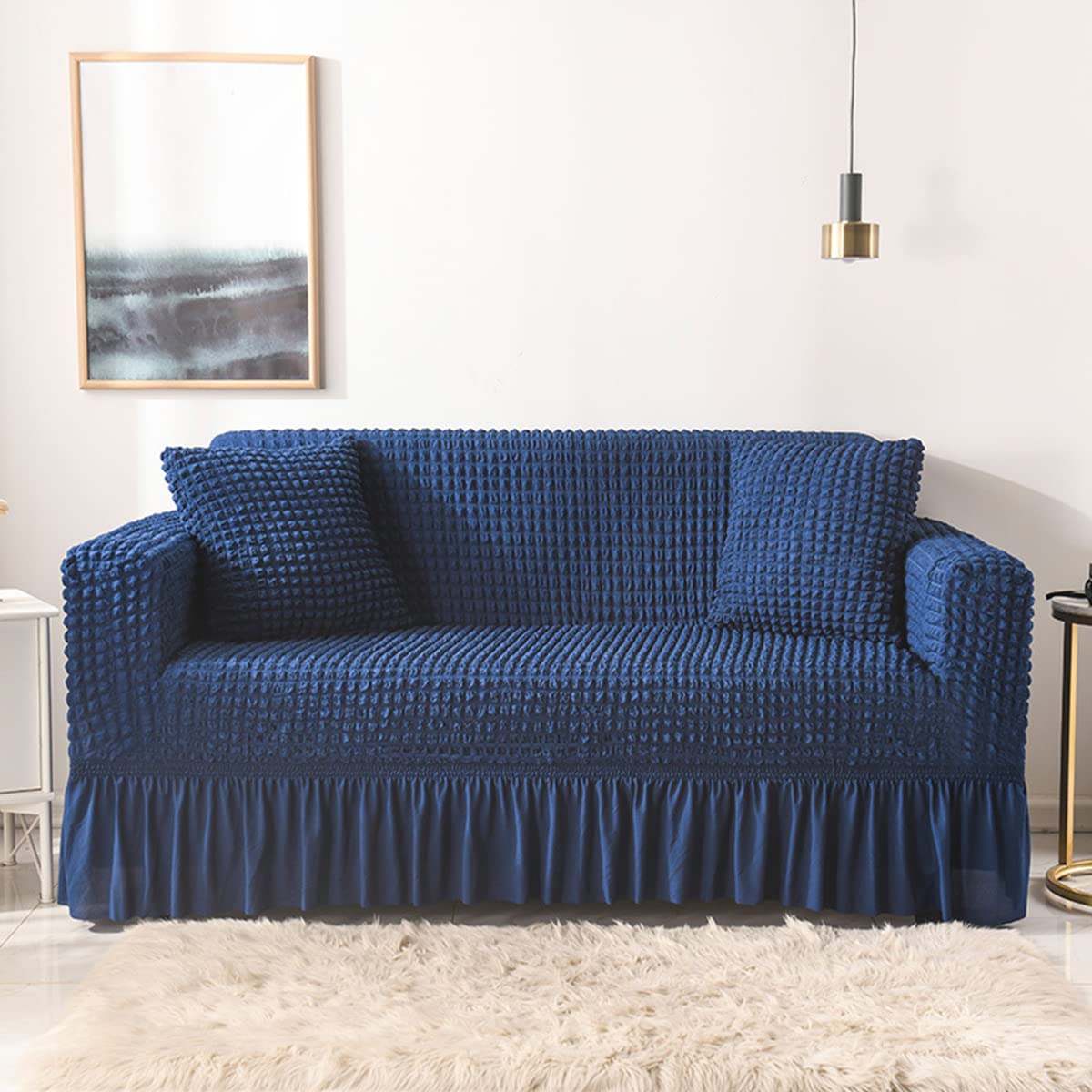 Stretchable Bubble Sofa Cover - Universal Fit 3 Seater Couch Cover with Skirt | High Elastic Durable Furniture Protector | Country Style Home Decor | Perfect for Living Room, Bedroom & Office (Blue)