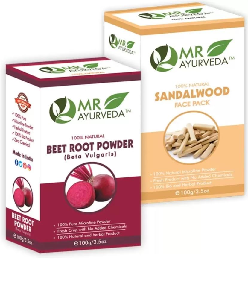 MR Ayurveda 100% Natural Beetroot Powder & Sandalwood Face Pack - 2 Pack (200g) for Glowing Skin & Acne Treatment | DIY Face Mask for Radiant Complexion