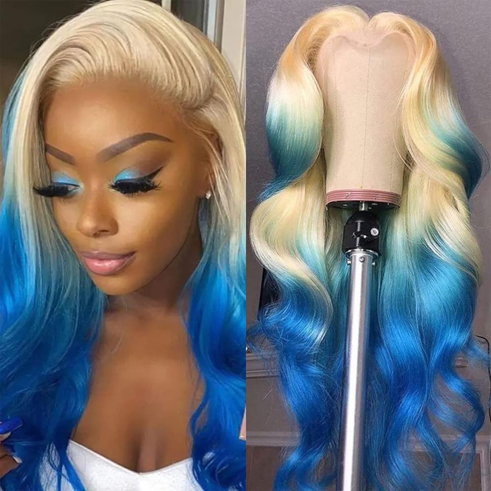 Blonde Blue Ombre Human Hair Wig - 13x4 Lace Front HD Transparent Glueless 180 Density 24 Inch - Perfect for Cosplay, Halloween, Parties & Special Events