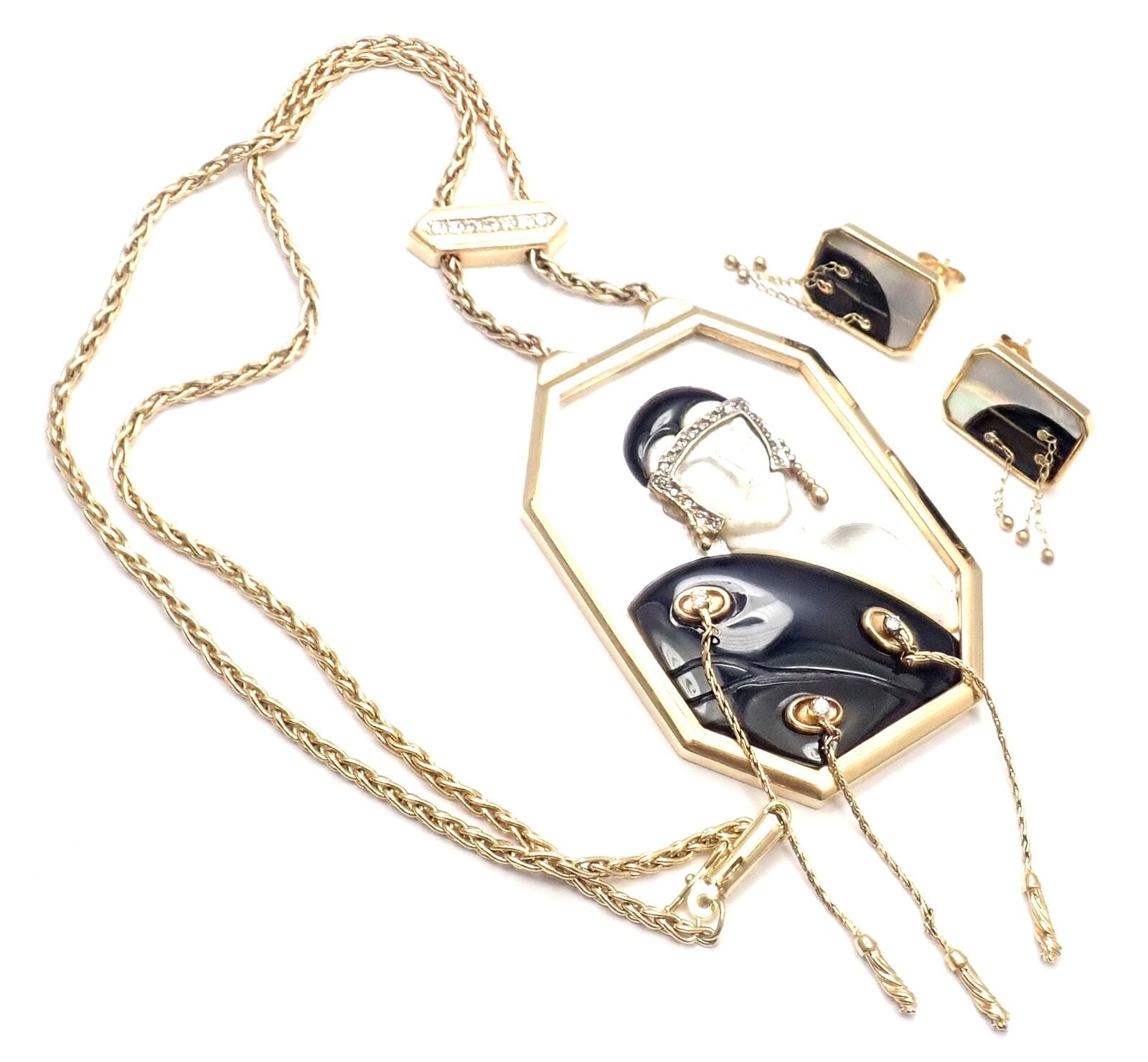 14k Yellow Gold Diamond Onyx Mother of Pearl Necklace & Earrings Set for Women - Elegant Jewelry Gift for Wedding, Anniversary & Special Occasions