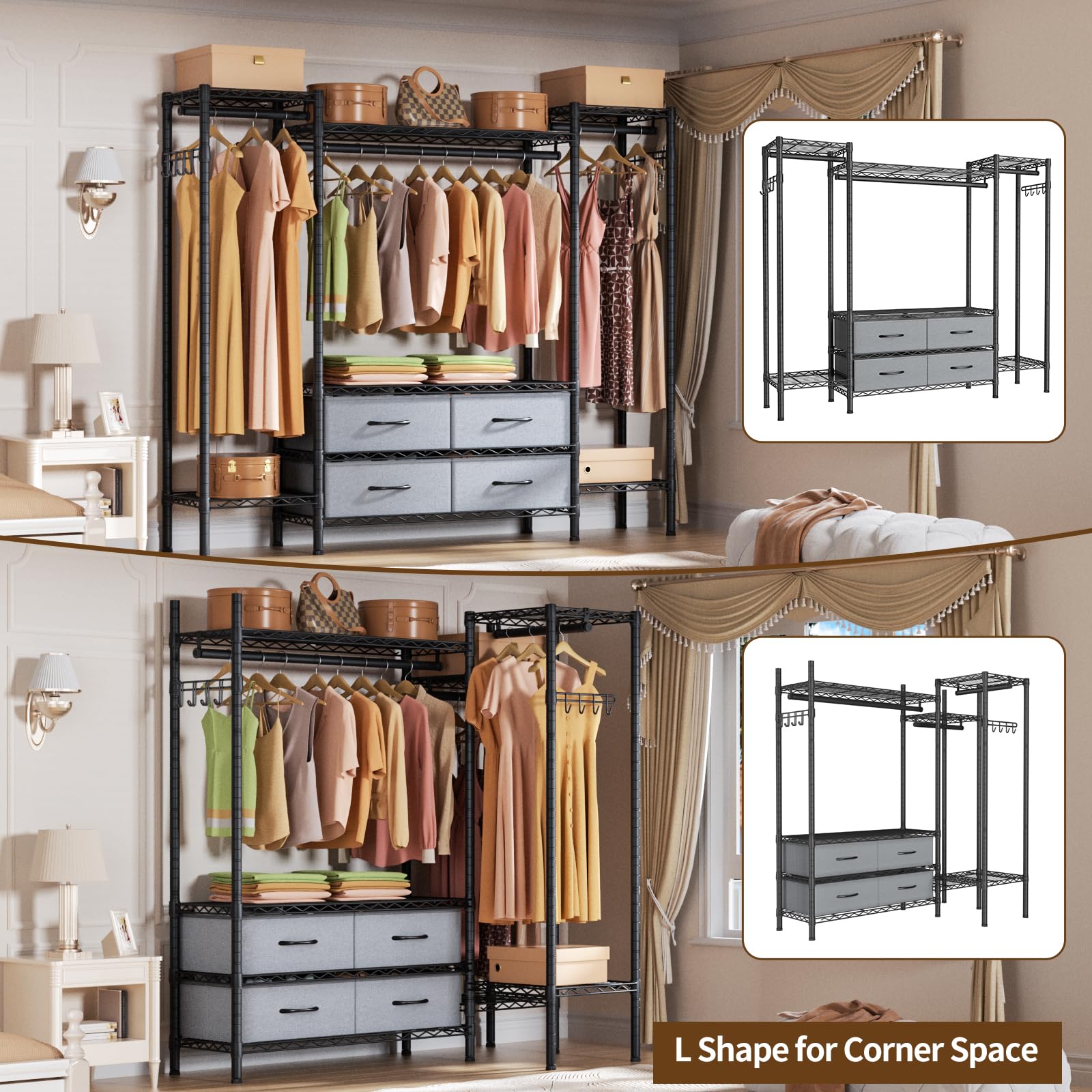 Heavy Duty Large Garment Rack - Freestanding Closet with 8 Adjustable Wire Shelves, 3 Hanging Rods & 4 Fabric Drawers - Portable Clothing Storage Wardrobe (Max Load 900lbs) - Perfect for Home Organization, Bedroom Closet, Laundry Room & Commercial Use