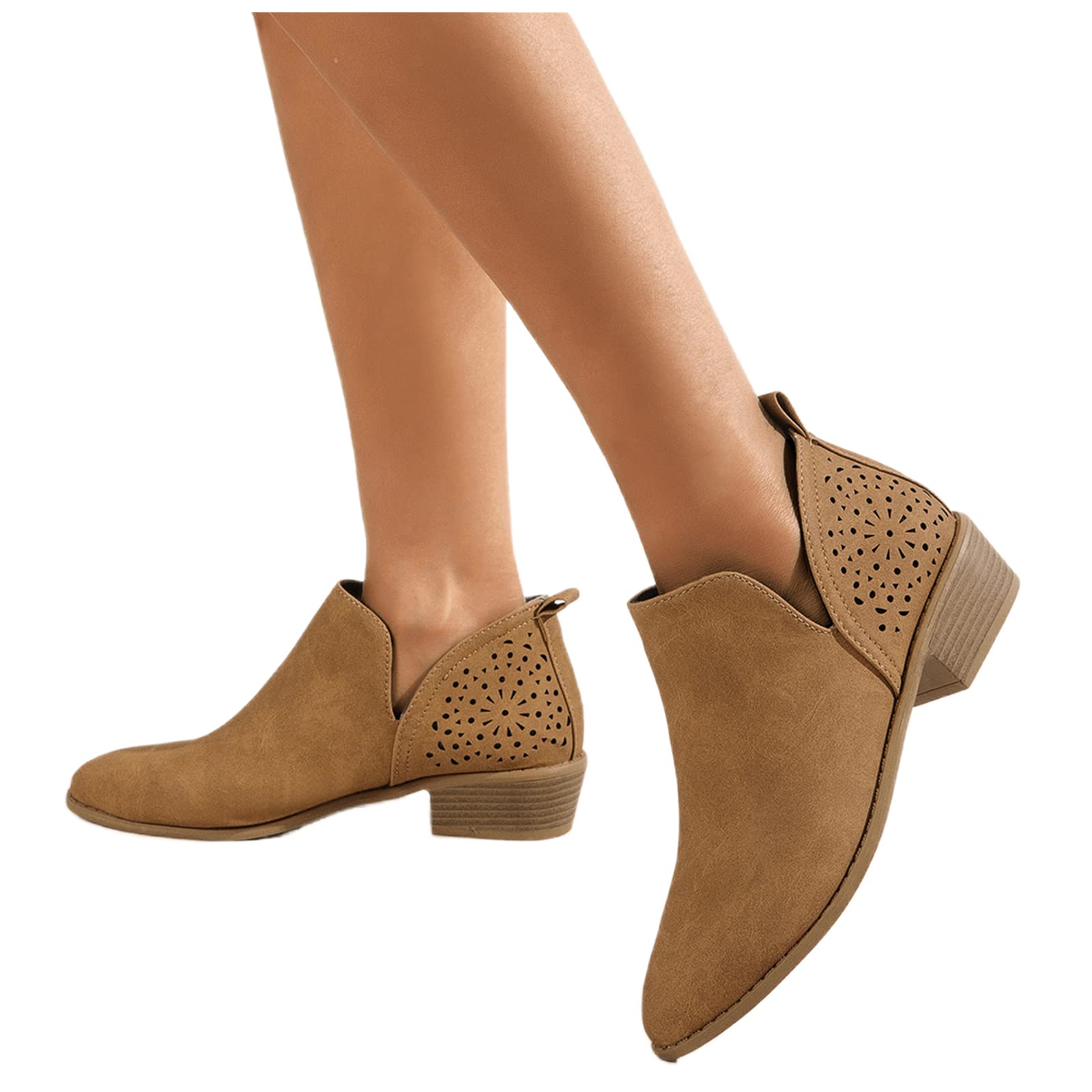 Lausiuoe Women's Ankle Booties - Low Heel Cutout Block Chunky Heel Slip-On Fashion Boots for Casual & Dressy Outfits | Perfect for Office, Dating & Fall/Winter Style