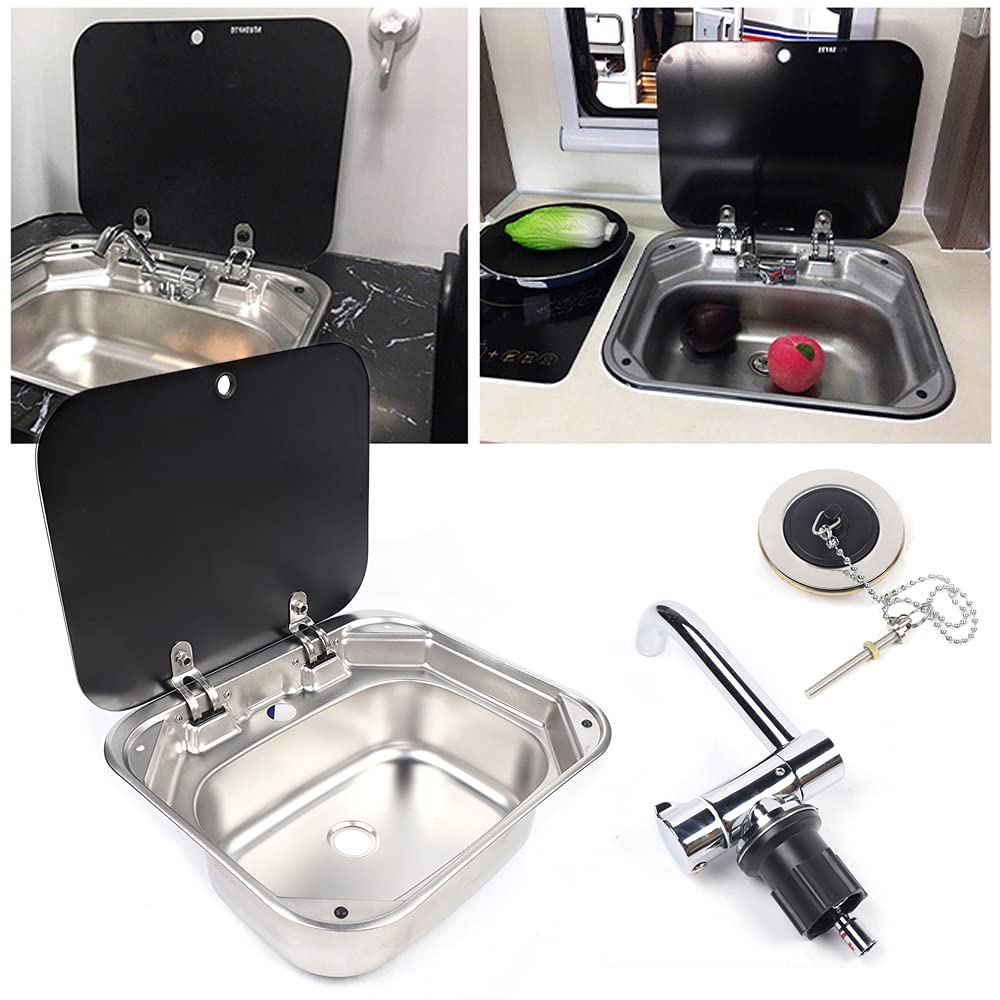 Stainless Steel RV Sink with Hinged Glass Lid - Drop-in Workstation for Outdoor Kitchen, Bar, Camper, Caravan, Boating & Horsebox - Includes Hot & Cold Faucet - Perfect for Camping, RV Living & Mobile Bars