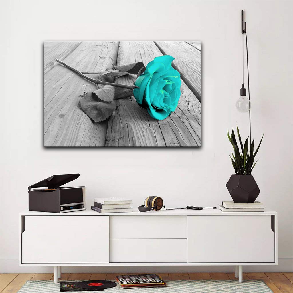 Modern Floral Canvas Wall Art - Black White Teal Rose Flower Painting, Stretched & Framed Ready to Hang (24x36 Inches) for Living Room, Bedroom, Bathroom Decor | Perfect for Home, Office & Gift Giving