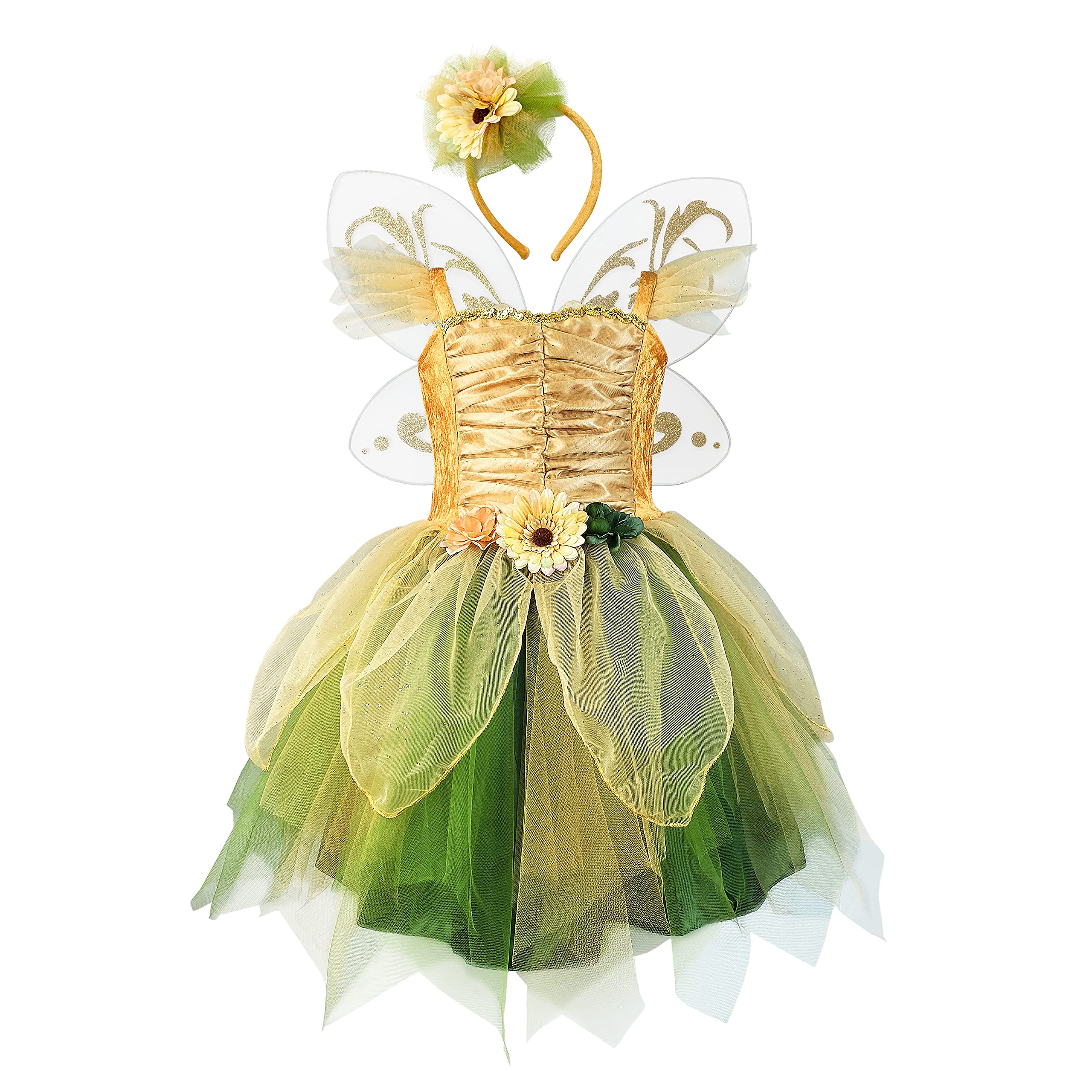 Fairy Princess Costume for Girls - Green Flower Girl Dress with Tutu Skirt, Headband & Wings | Halloween, Birthday Party, Dress-Up Play