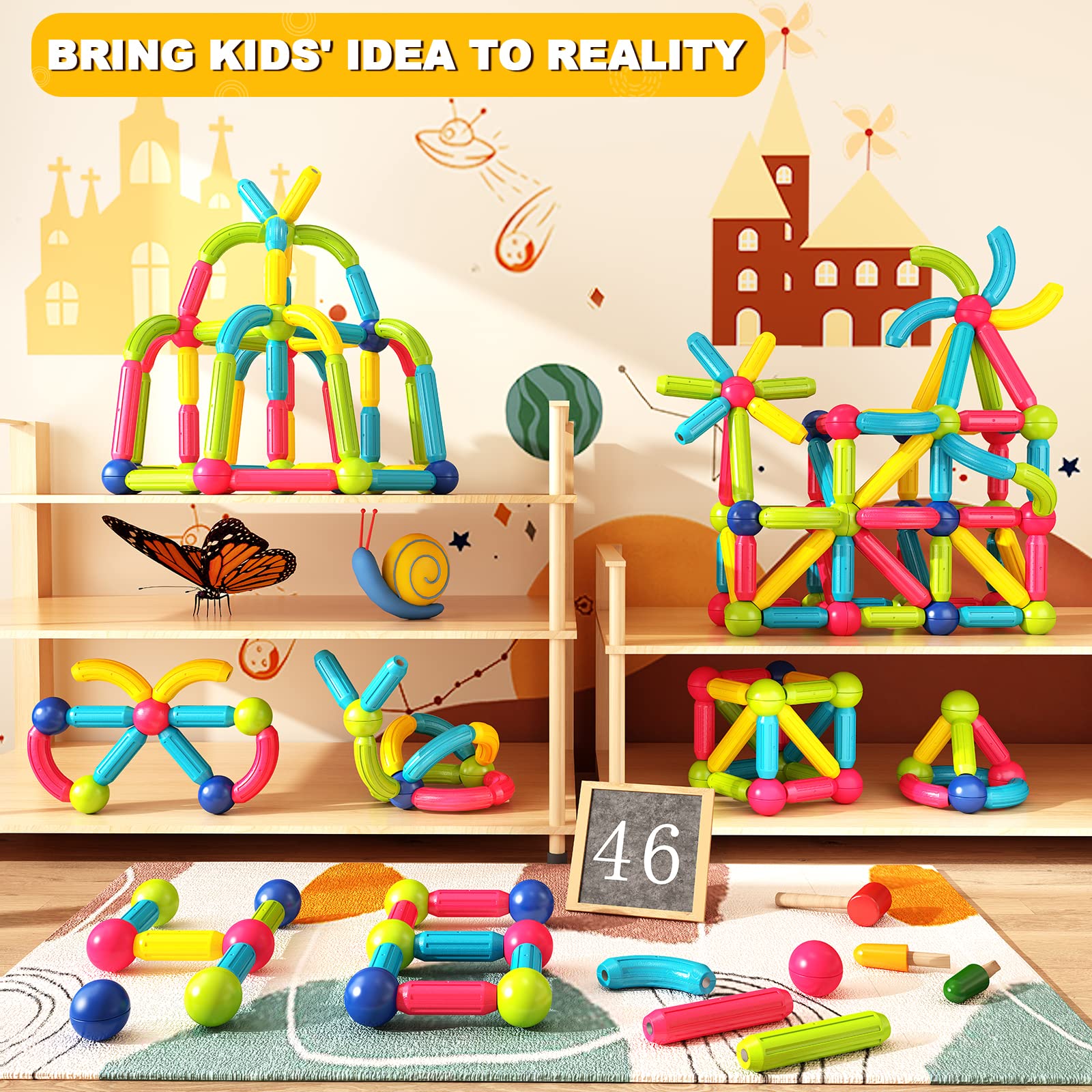 Magnetic Building Blocks for Toddlers - Montessori Educational STEM Toys for 3+ Year Old Boys & Girls, DIY Learning Construction Set (Great for Preschool Classroom, Birthday Gift & Creative Play)