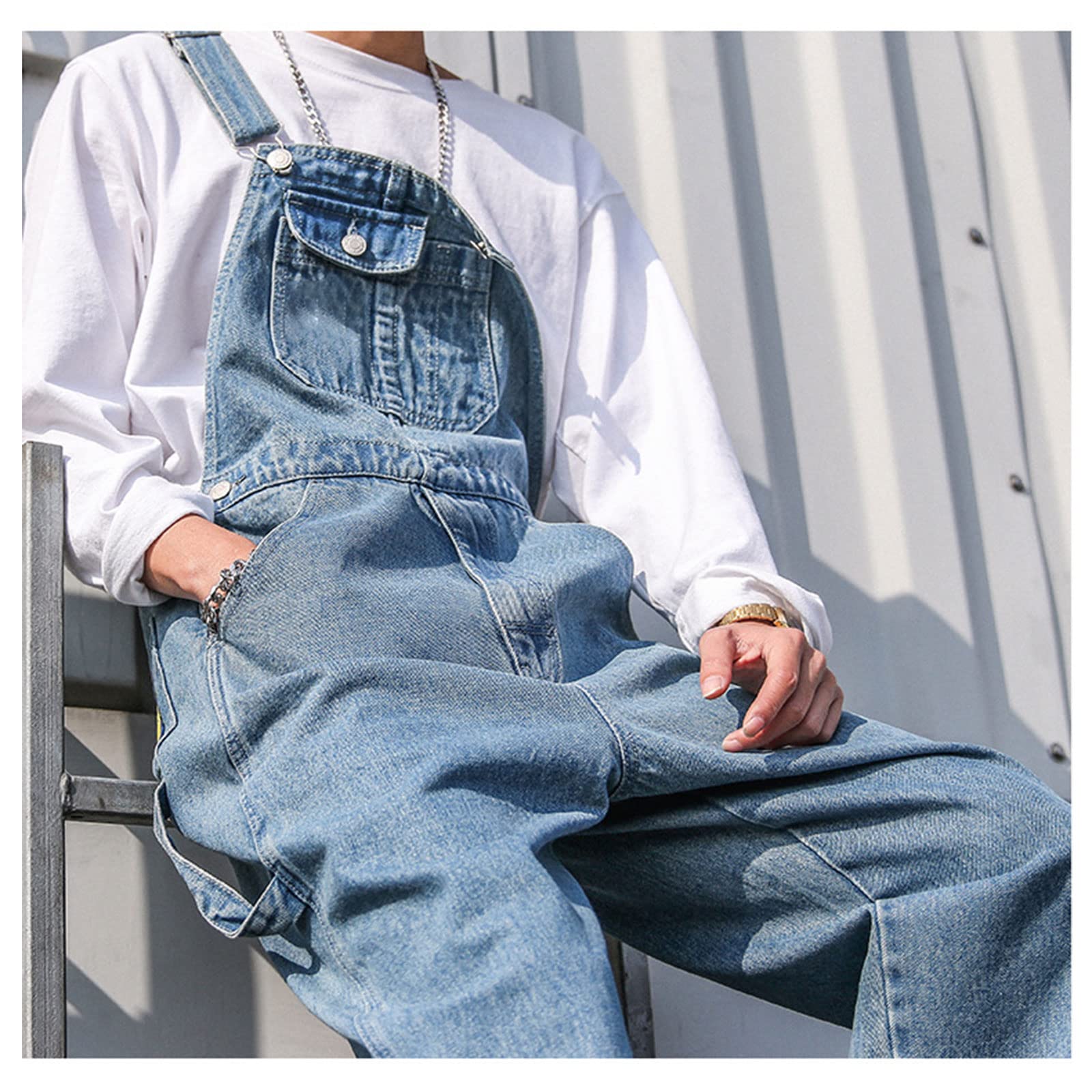 WIITON Men's Denim Bib Overalls - Stone Wash Blue Dungarees with Multiple Pockets for Workwear, Construction, Farming & Outdoor Activities