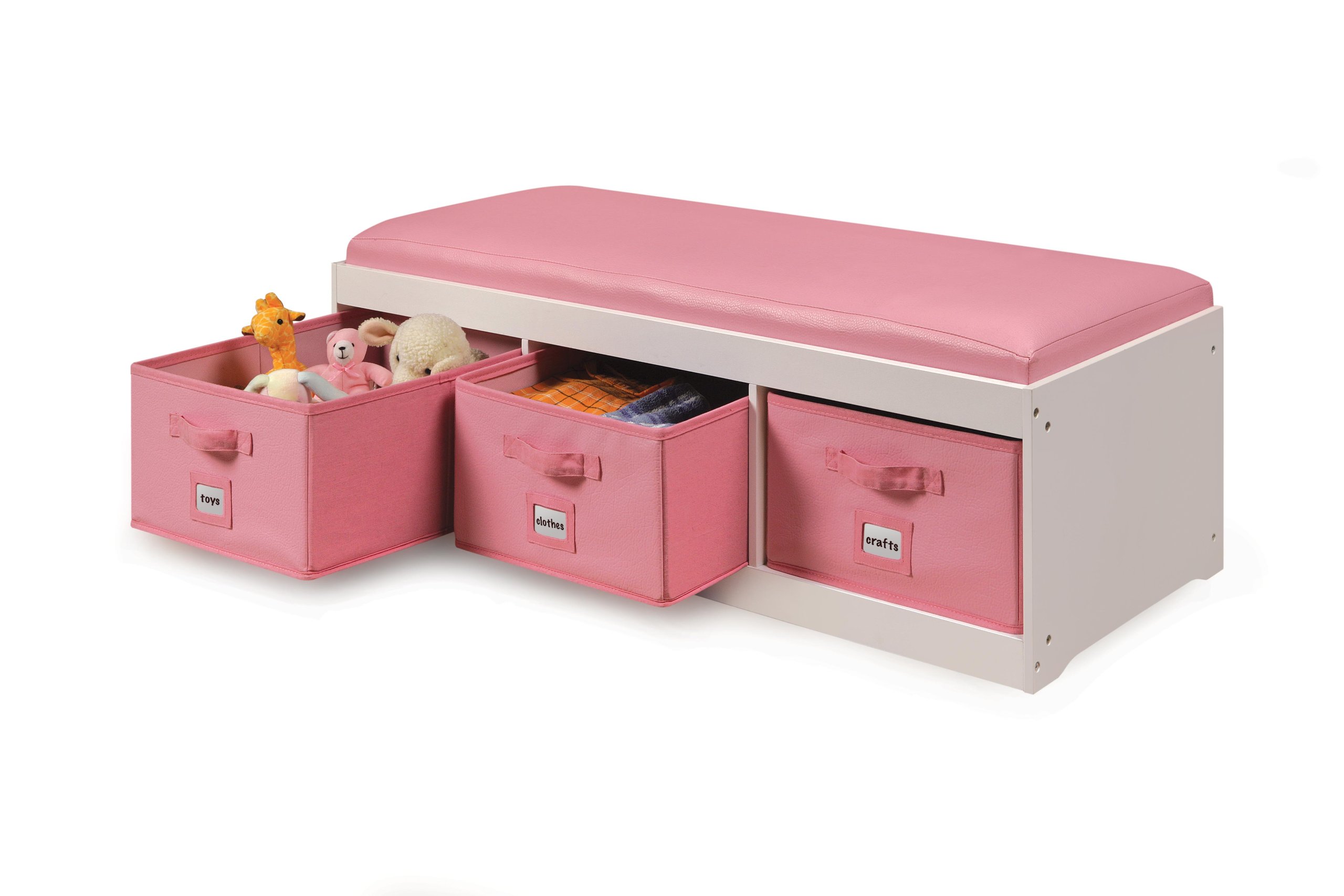 Badger Basket Kids’ Storage Bench with Cushion & 3 Bins - White & Pink, Durable Comfortable Seating for Bedroom, Playroom & Nursery Organization