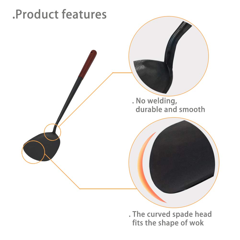 Traditional Handmade Wooden Handle Spatula and Ladle Set for Wok - Asian Stir Fry Cooking Utensils, Chinese Chuan & Hoak Set with Extended Handle - Perfect for Stir-Frying, Sauteing, and Serving Authentic Asian Dishes