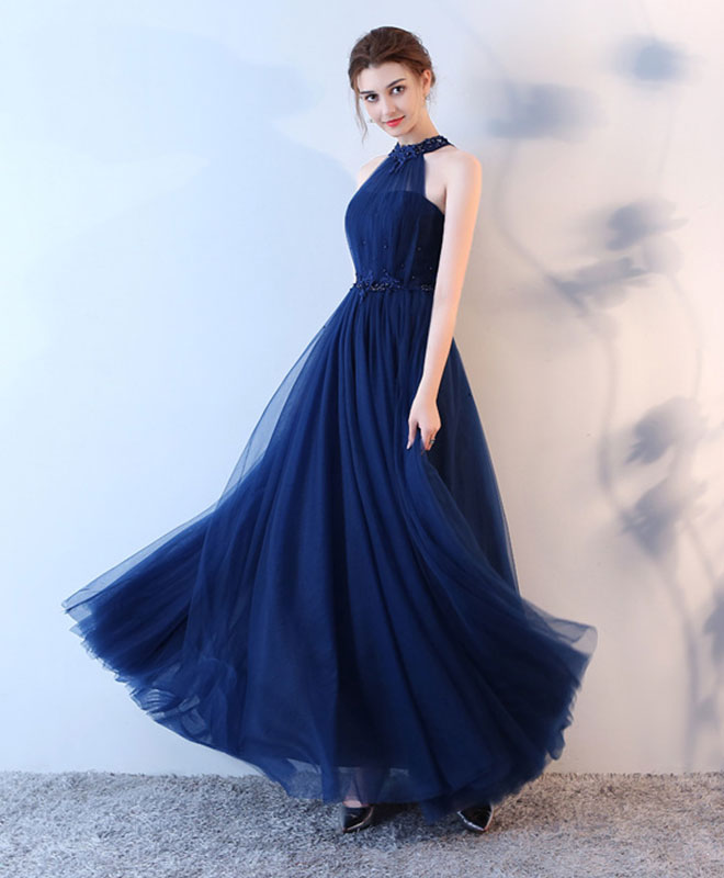 Elegant Blue Halter Tulle Long Prom Dress - Formal Evening Gown for Homecoming, Wedding, Ball & Special Occasions