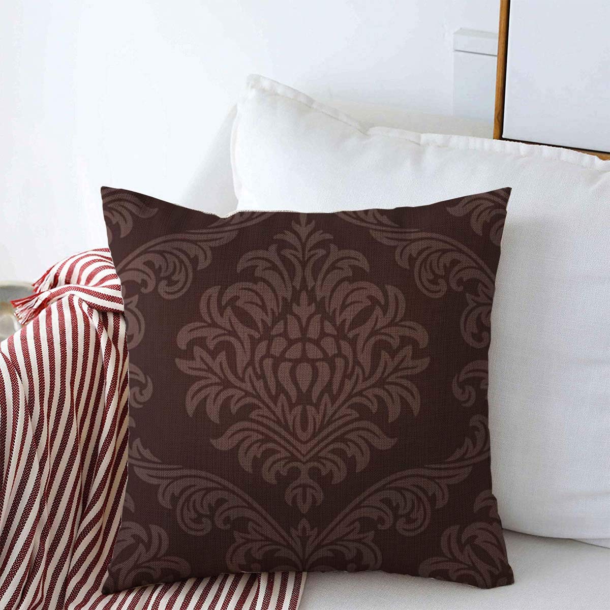 16x16 Inch Blue Renaissance Damask Throw Pillow Cover - Abstract Brown Baroque Victorian Floral Design - Royal Silk Antique Cotton Linen Cushion Case for Sofa, Bed, Living Room - Fall Home Decor & Seasonal Accent
