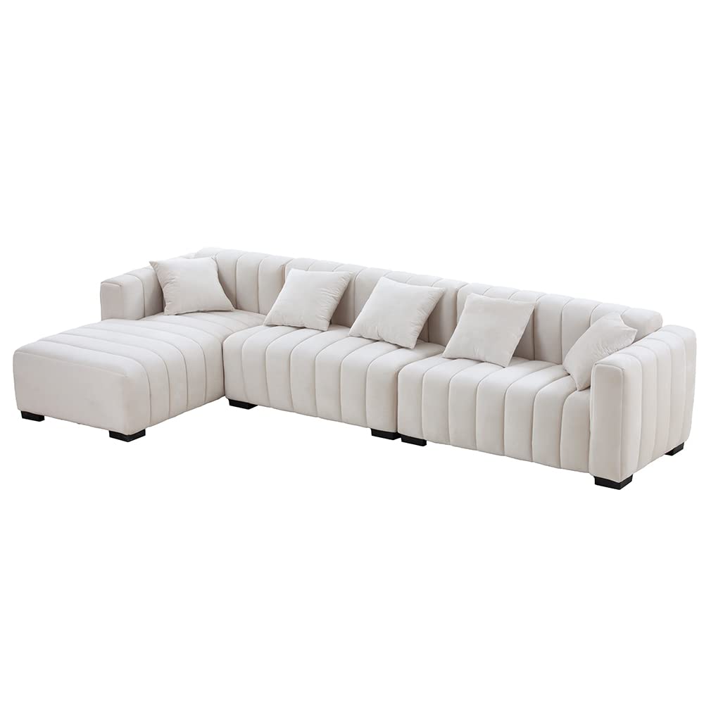 Kevinplus 140'' L-Shaped Sectional Sofa with Chaise Lounge - Modern Velvet 5-Seat Couch for Living Room, Home Office & Apartment - Includes 5 Pillows (Left Chaise, Beige) | Perfect for Family Gatherings, Movie Nights & Contemporary Home Decor