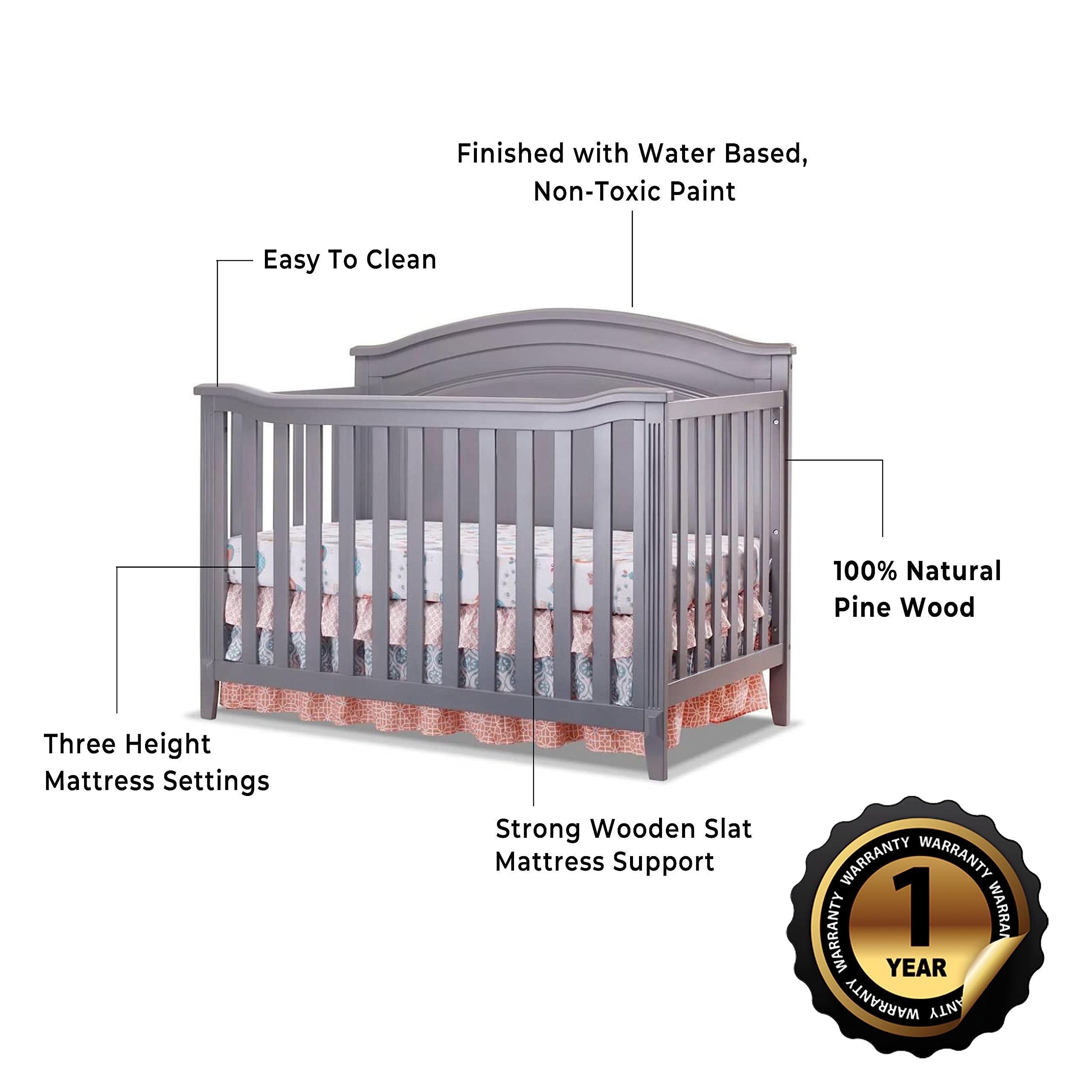 SORELLE FURNITURE Berkley 4-in-1 Convertible Round Top Crib - Classic Wooden Baby Crib to Toddler Bed & Full Size Bed | Non-Toxic Finish, Gray Nursery Furniture | Perfect for Newborns, Infants & Growing Kids Bedroom