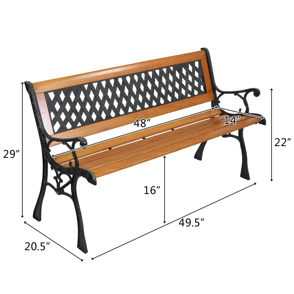 49-Inch Outdoor Garden Bench - Natural Hardwood Patio Park Bench with Bronze Cast Iron Frame & Weave Pattern - Rustic Elegant Porch, Deck & Backyard Seating for Relaxing & Outdoor Decor