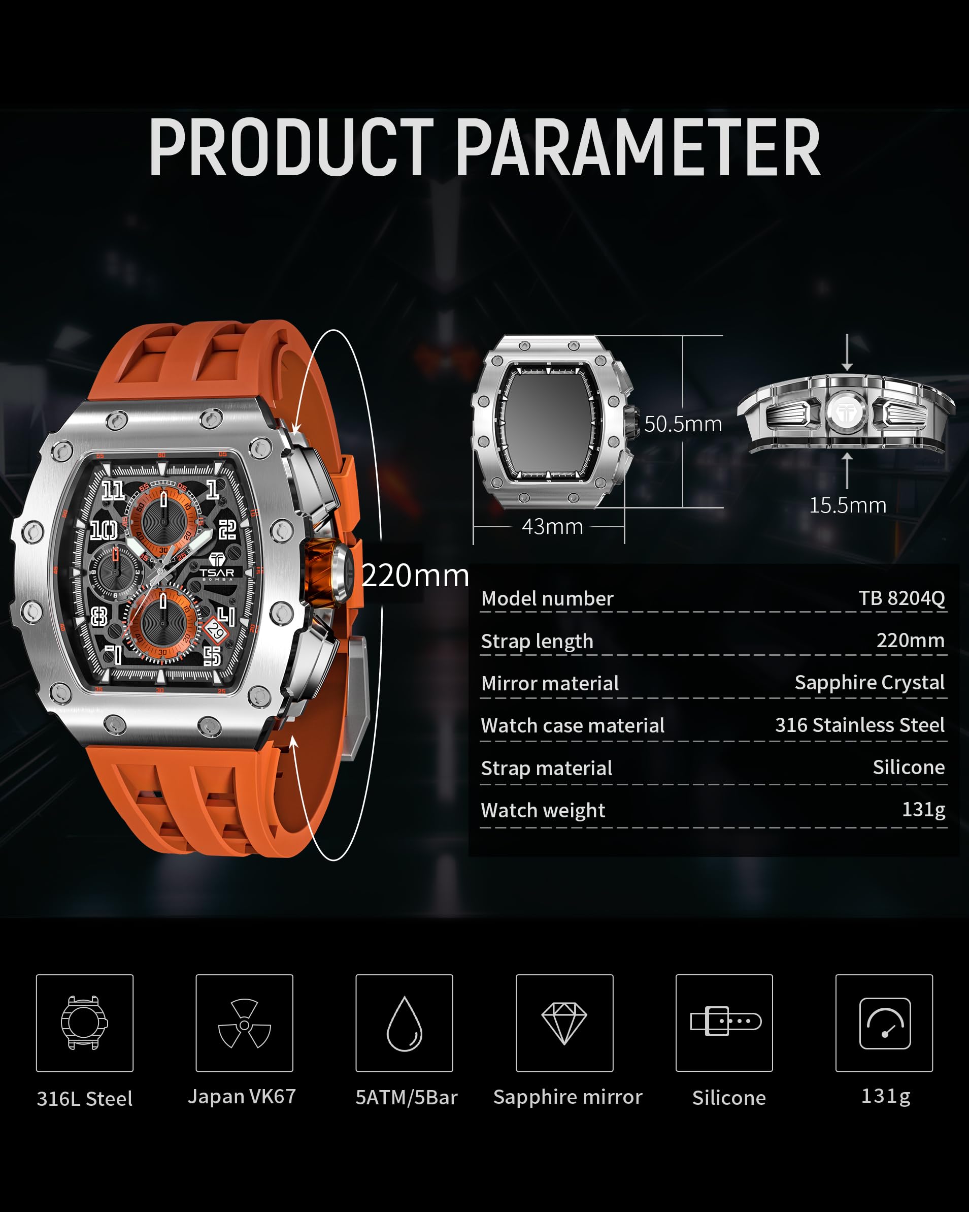 **TSAR BOMBA Luxury Men's Tonneau Watch - Waterproof 50M Analog Chronograph with Date Calendar - Business Dress & Diver Watch for Work, Formal & Casual Wear - Large Square Face Wristwatch for Men**    *(Use for business meetings, diving, daily wear & special occasions)*