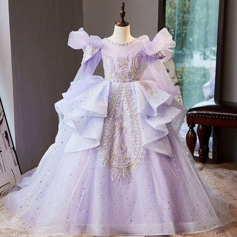 Lilac Princess Round Floor Length Tulle Flower Girl Dress for Weddings, Baptisms & Special Occasions