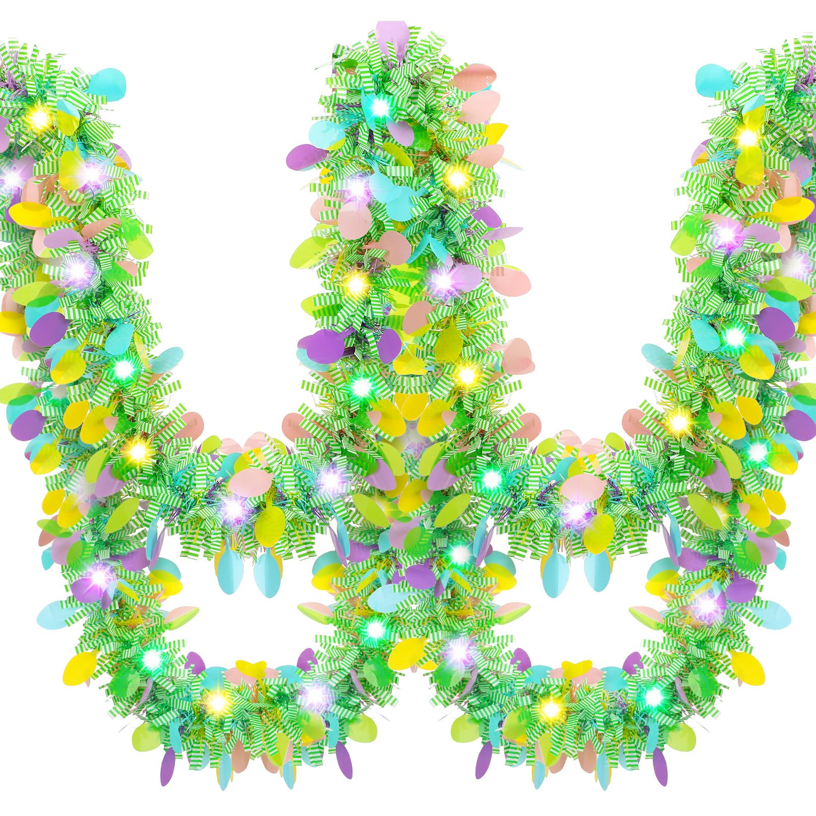Panelee 12 Pcs 78.8 ft Easter Garland with LED Lights - Metallic Glitter Tinsel Hanging Decorations for Easter Party, Spring Home Decor, Wedding, Baby Shower & Holiday Festive Lighting