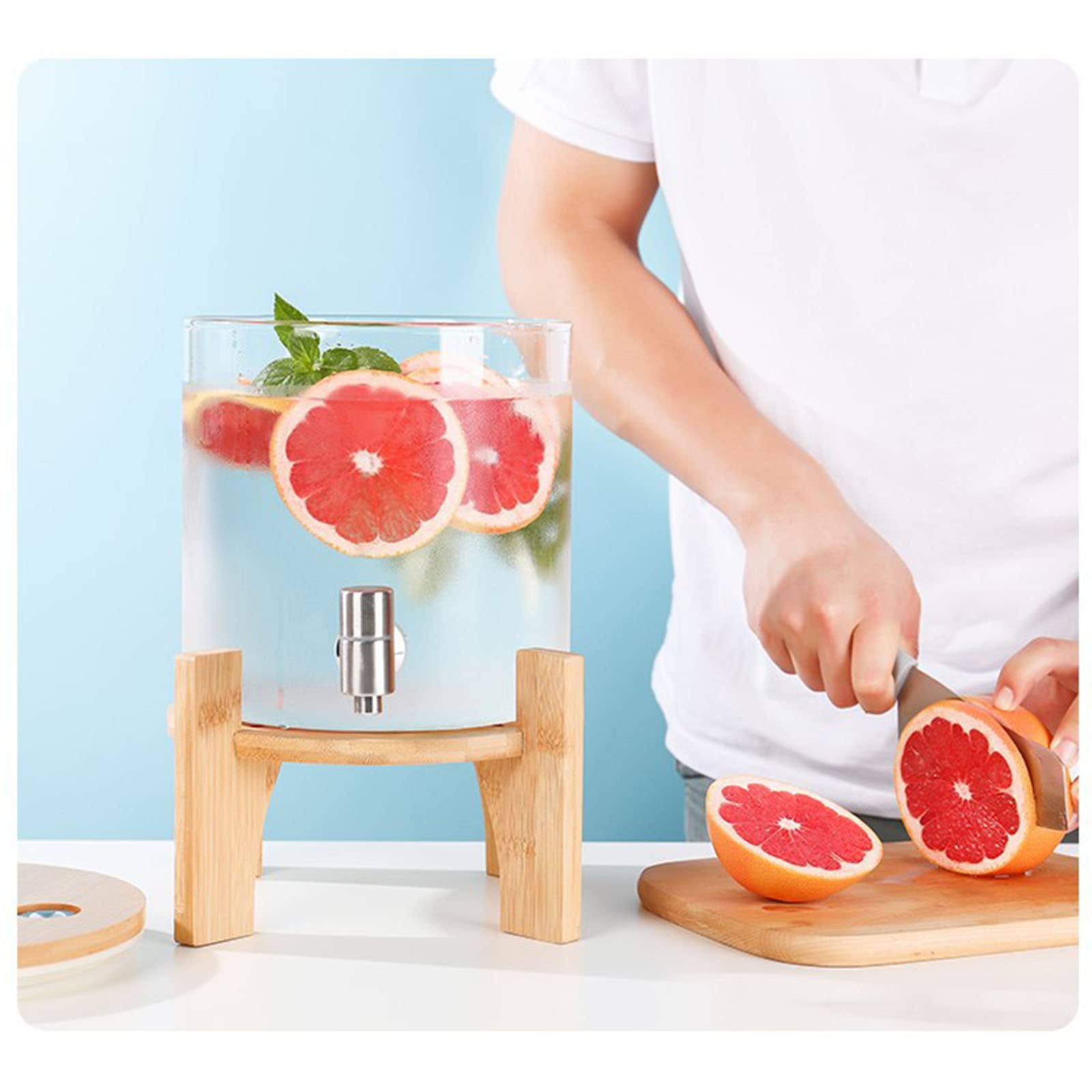 Premium Glass Drink Dispenser with Wooden Stand & Stainless Steel Spigot - 5L Mason Jar Pitcher for Hot/Cold Beverages, Juice, Beer, Iced Tea, Lemonade - Perfect for Parties, Weddings, BBQs & Home Entertaining