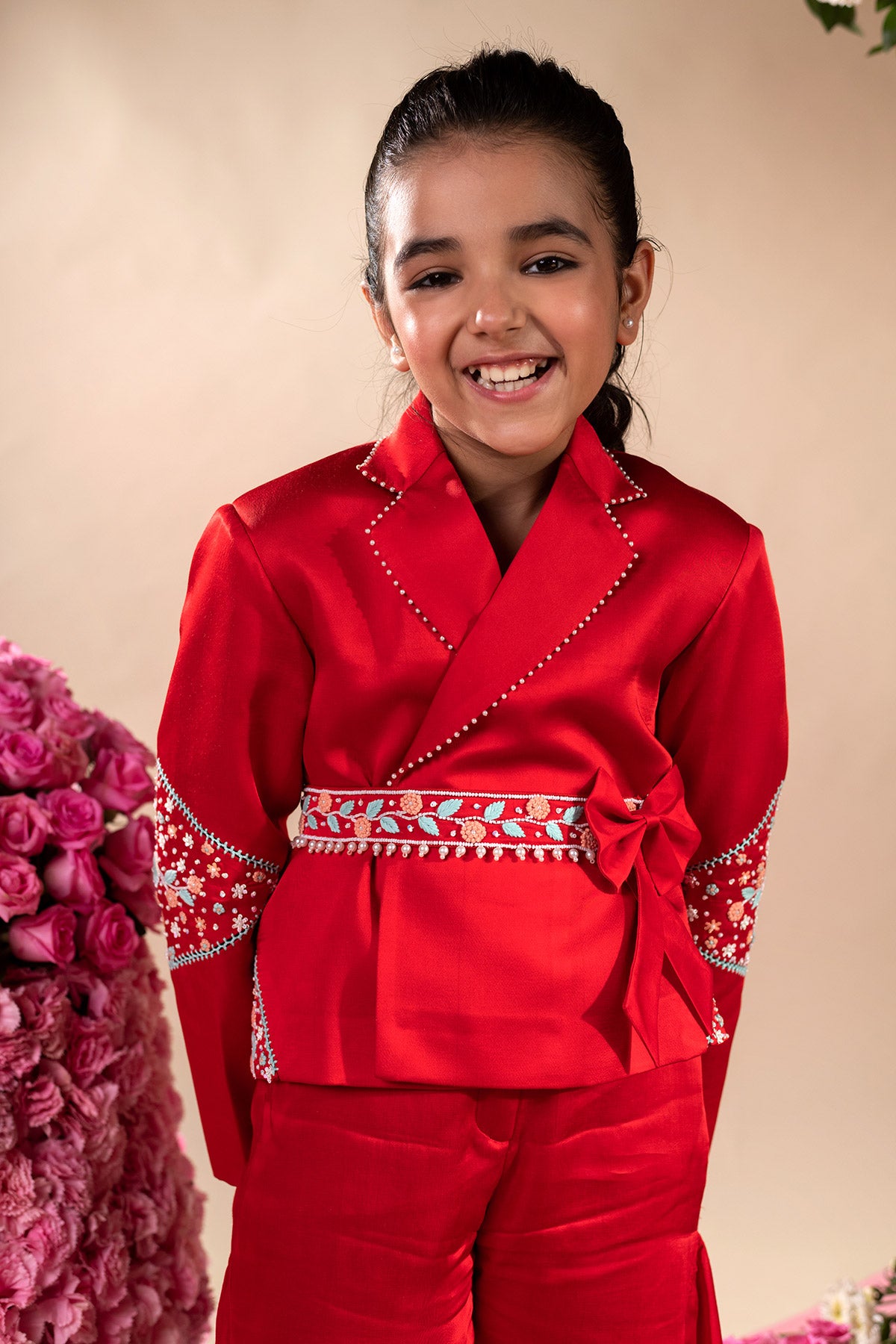 KYRA Embroidered German Satin Red Blazer & Sharara Set - 3 Piece Formal Outfit for Weddings, Parties & Special Occasions