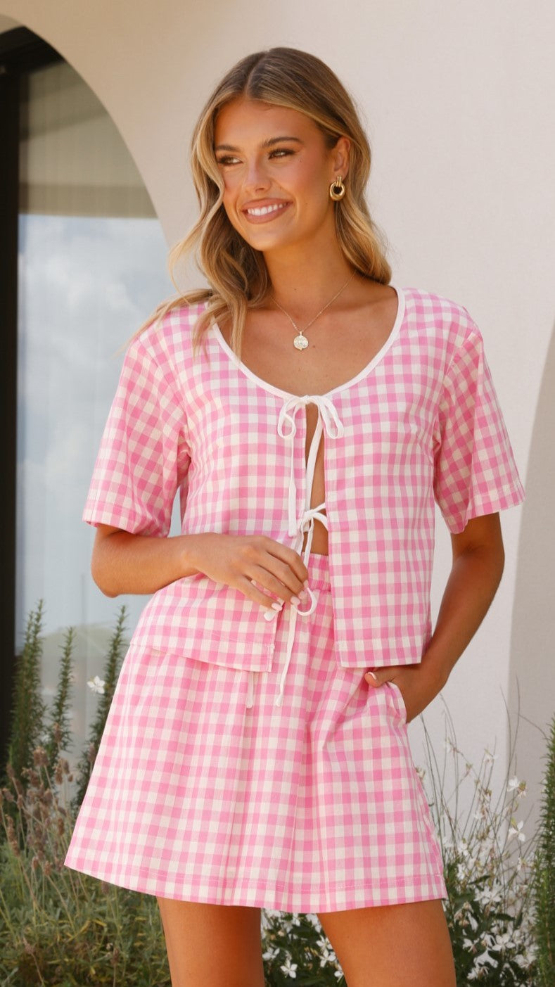 Madison Top - Pink & White Gingham Checkered Blouse for Women | Casual Summer Shirt for Outfits, Dates & Beach Wear