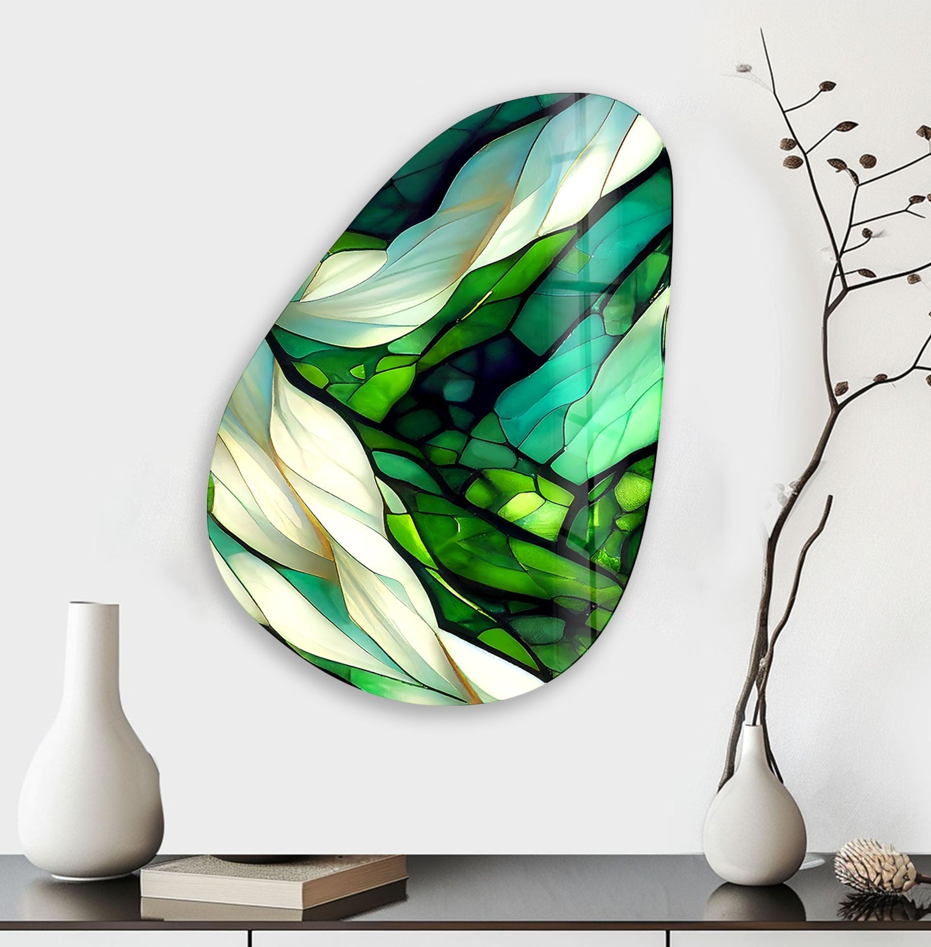 Handmade Asymmetrical Oval Green Fractal Glass Wall Art - Modern Abstract Home Decor for Living Room, Bedroom & Office