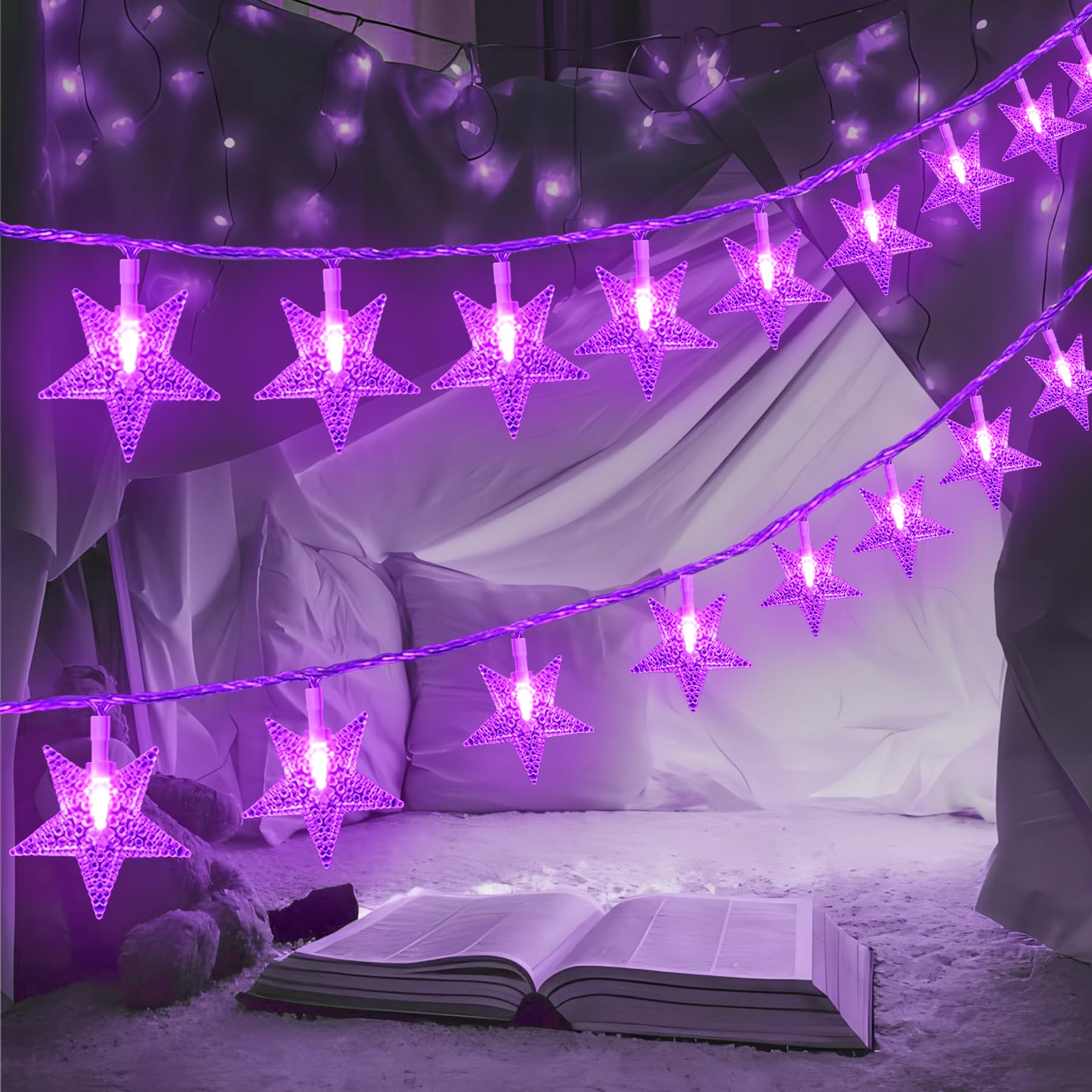 30 LED 15 FT Battery Operated Star Fairy String Lights - Indoor Outdoor Christmas Tree Decorations, Party, Wedding & Garden Lighting (Purple)