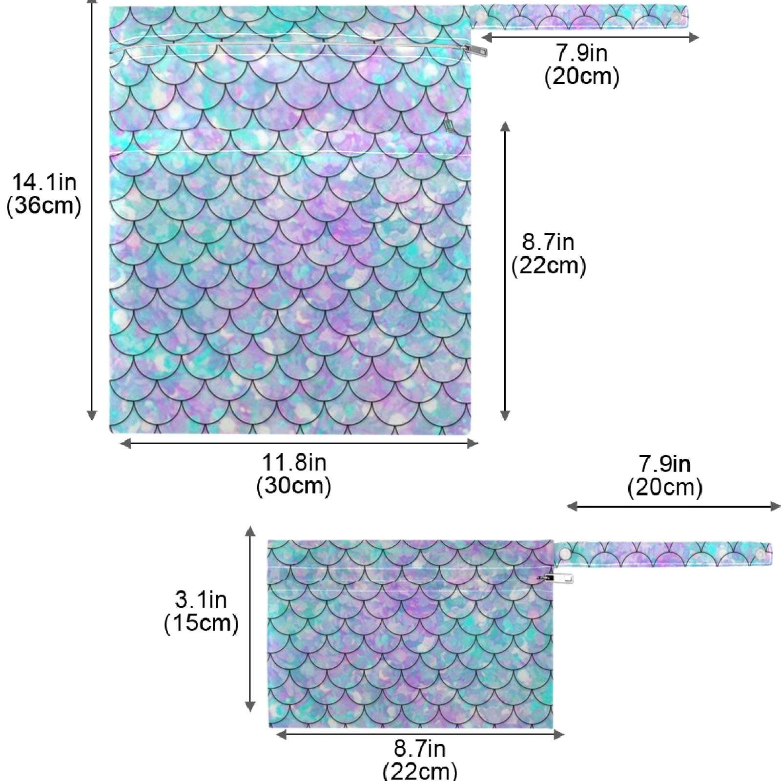 2Pcs Waterproof Wet Bags with Zipper Pockets - Reusable Washable Mermaid Scale Design for Swimsuits, Diapers & Gym Clothes - Perfect for Travel, Beach, Pool, Daycare & Stroller Organization - Keep Toiletries & Wet Items Secure