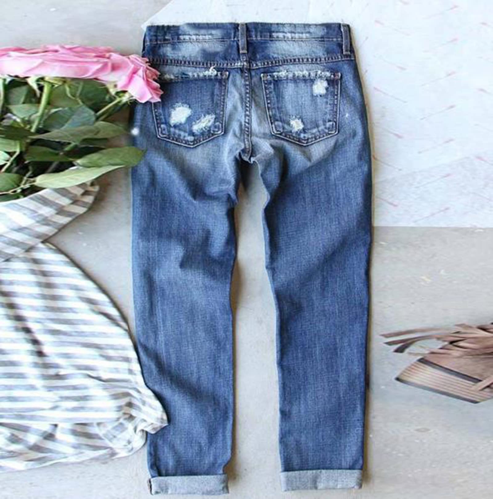 Women's Ripped Boyfriend Jeans - Distressed Leopard Print Patch Straight Leg Denim Pants for Casual Outfits & Streetwear Fashion