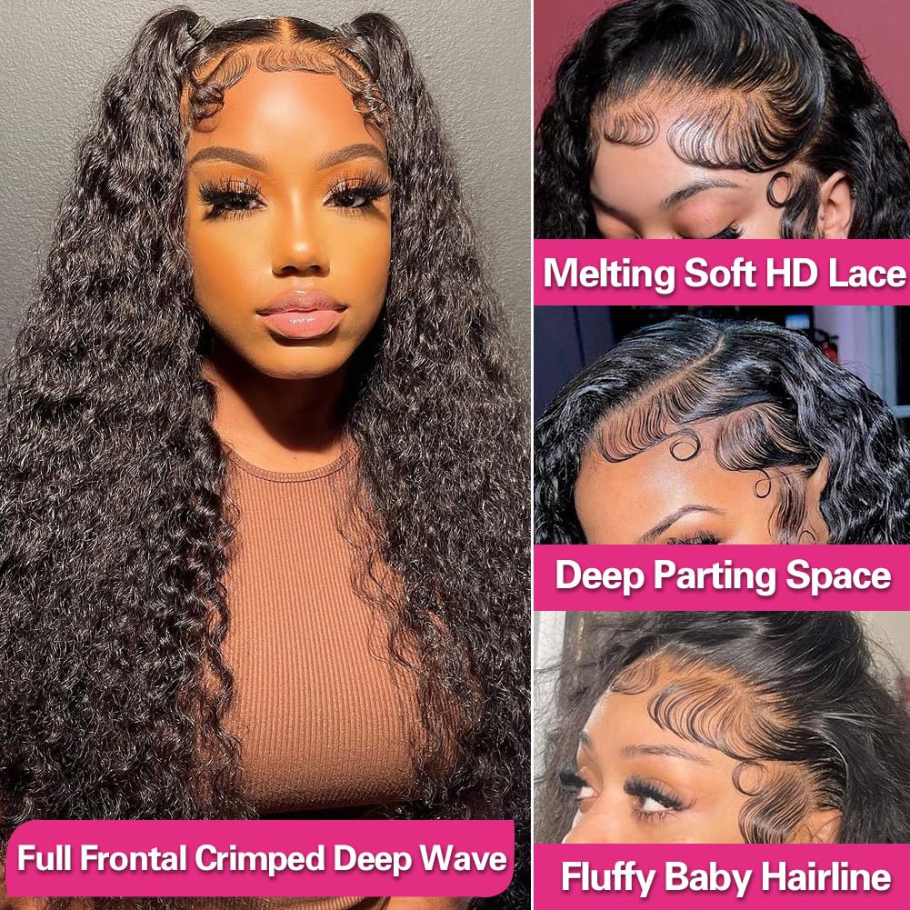 34 Inch XVE Deep Wave Human Hair Wig - 13x4 HD Transparent Lace Frontal, 180% Density, Brazilian Remy Hair, Pre-Plucked Hairline, Glueless Design, Wet & Wavy Curly Wig for Women (Natural Black) - Perfect for Daily Wear, Parties, Cosplay & Special Occasions