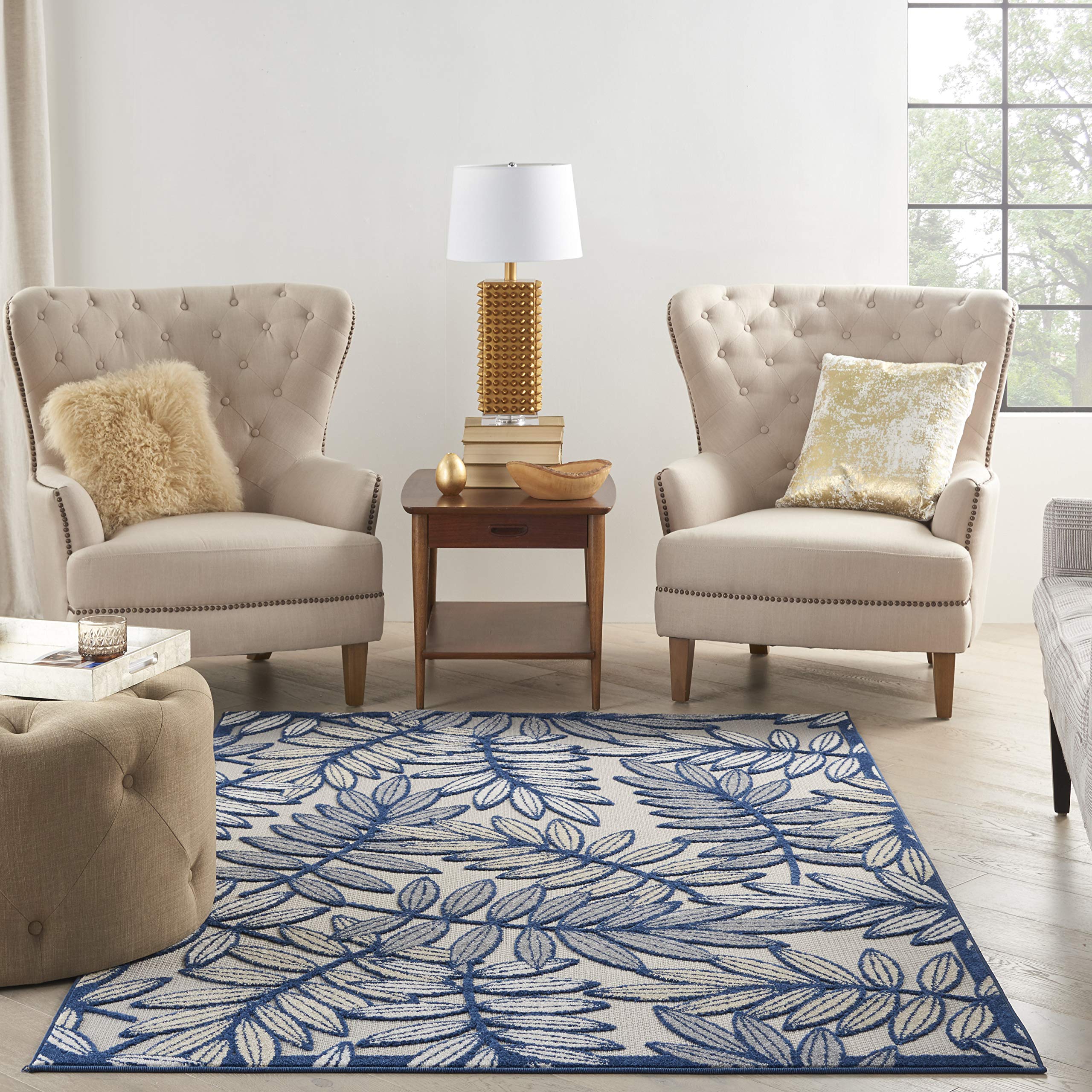 Nourison Aloha 6' x 9' Indoor/Outdoor Area Rug - Ivory & Navy Stripe - Easy Clean, Non-Shedding, Stain Resistant - Perfect for Living Room, Bedroom, Dining Room, Patio, Deck & Backyard - Soft & Durable for High Traffic Areas