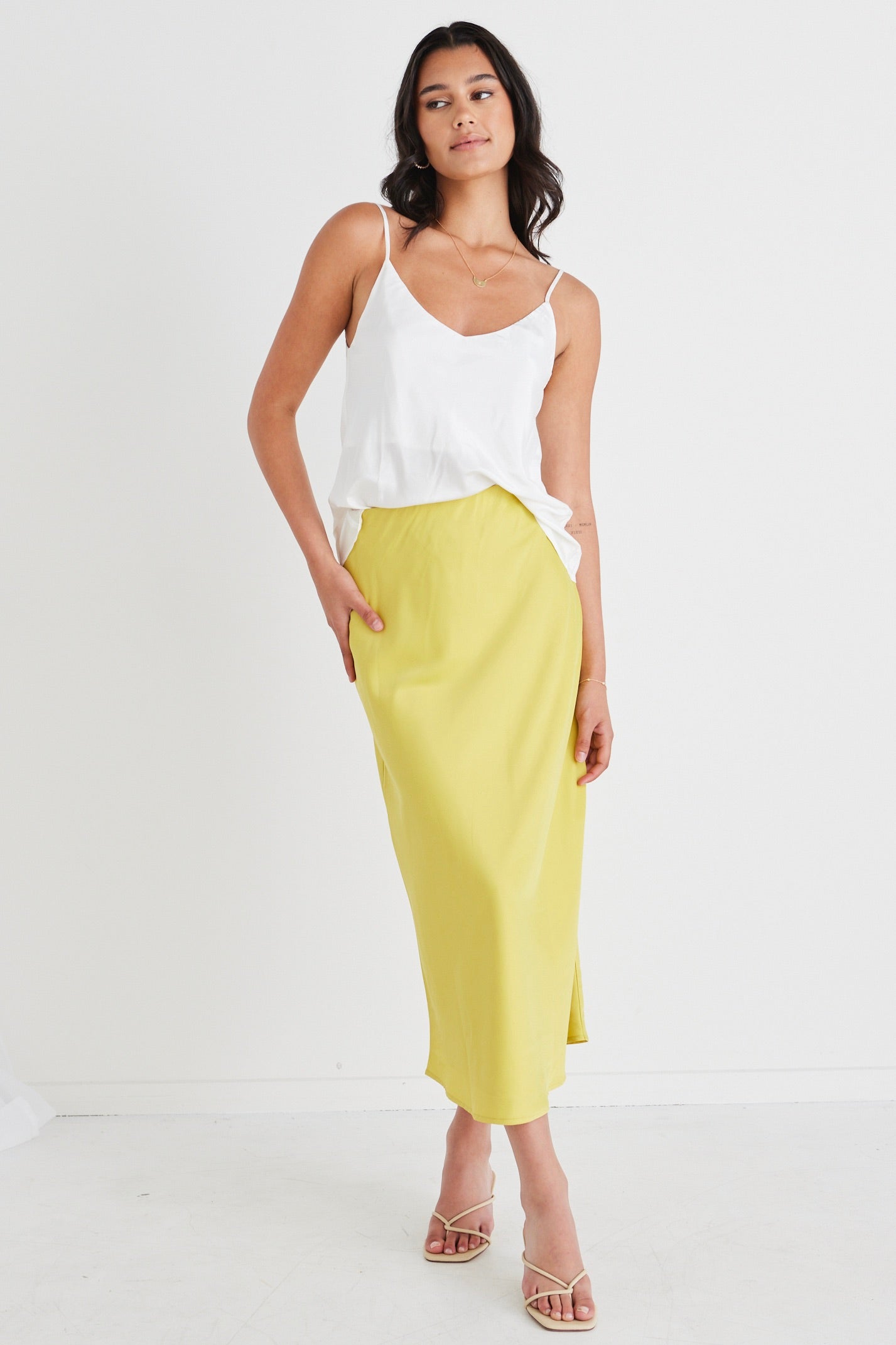 Stylish Collide Citron Satin Bias Cut Midi Skirt for Women - Perfect for Summer Parties, Date Nights & Office Wear