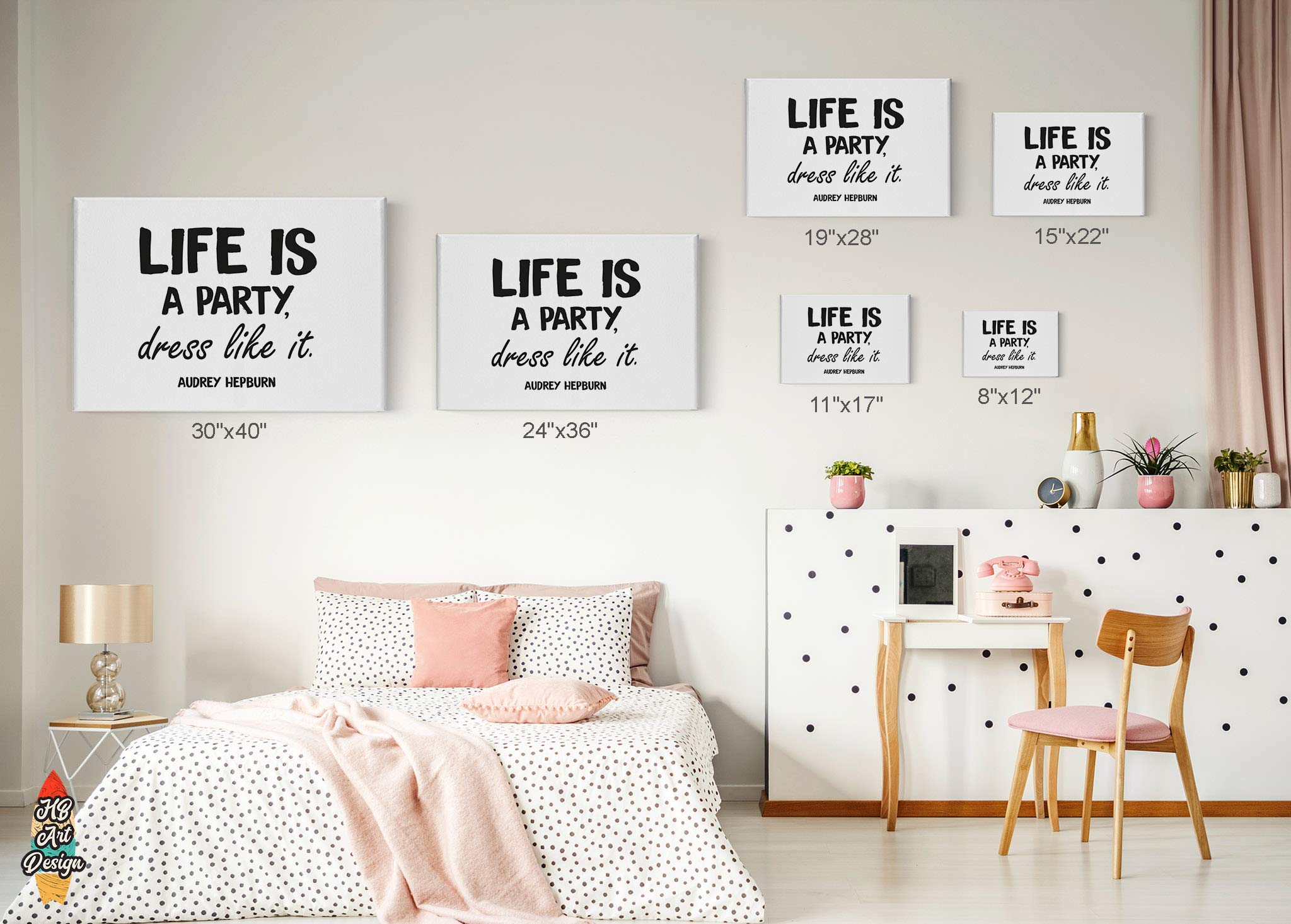 HB Art Design Life is a Party Motivational Quote Canvas Print - Black & White Fashion Wall Art for Office, Dorm, Bathroom, Living Room & Bedroom - Ready to Hang 24x36 - Perfect for Home Decor & Inspirational Gifts