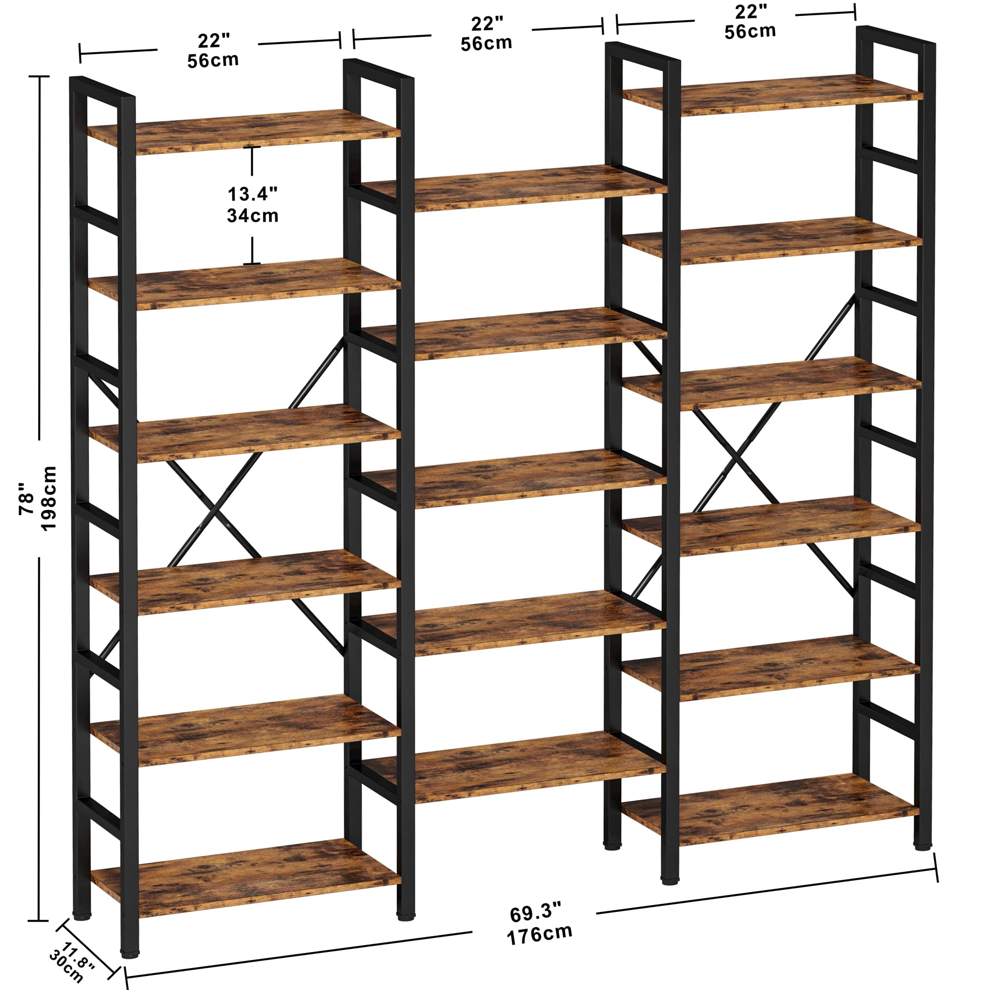 IRONCK 6-Tier Triple Wide Industrial Bookshelf - Large Open Display Shelf with Sturdy Metal Frame for Living Room, Bedroom & Home Office - Perfect for Book Storage, Home Decor and Organization