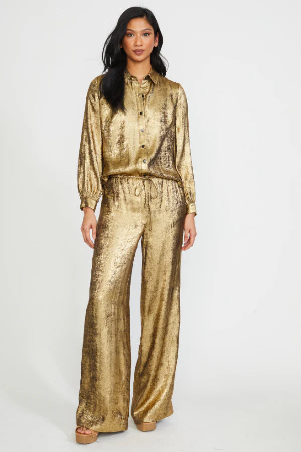 Stylish Gold Drawstring Waist Wide Leg Pants for Women - Comfortable Lounge & Casual Wear