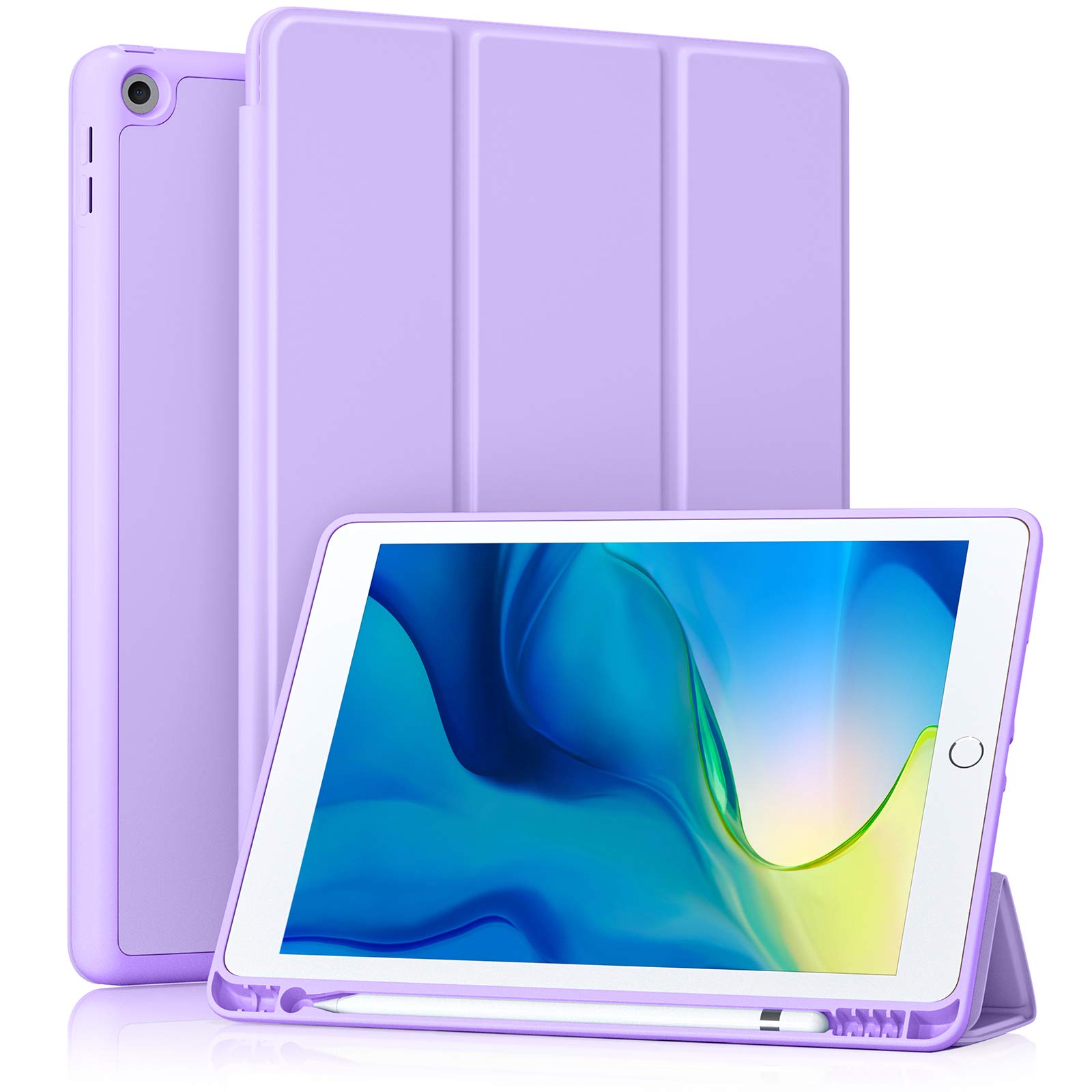 Akkerds iPad 10.2 Inch Case (2021/2020/2019) - Compatible with iPad 9th/8th/7th Generation - Protective TPU Back Cover with Pencil Holder & Auto Sleep/Wake - Lavender - Perfect for School, Work & Travel