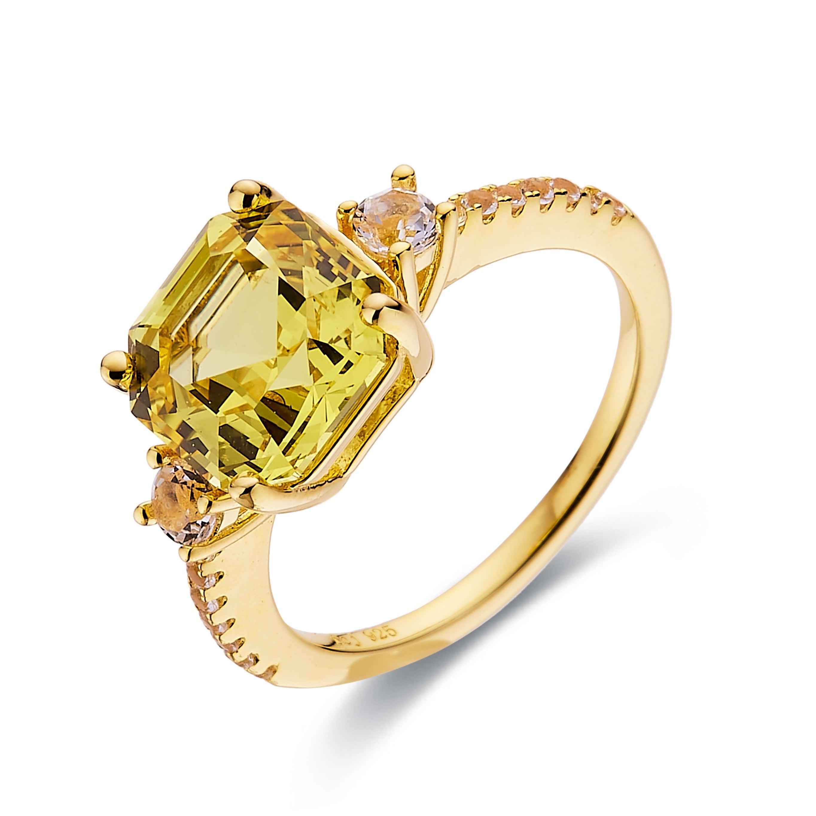 Exquisite Yellow Sapphire Asscher Cut Three Stone Ring – Vintage Inspired Jewelry for Women, Perfect for Engagement, Anniversary & Special Occasions