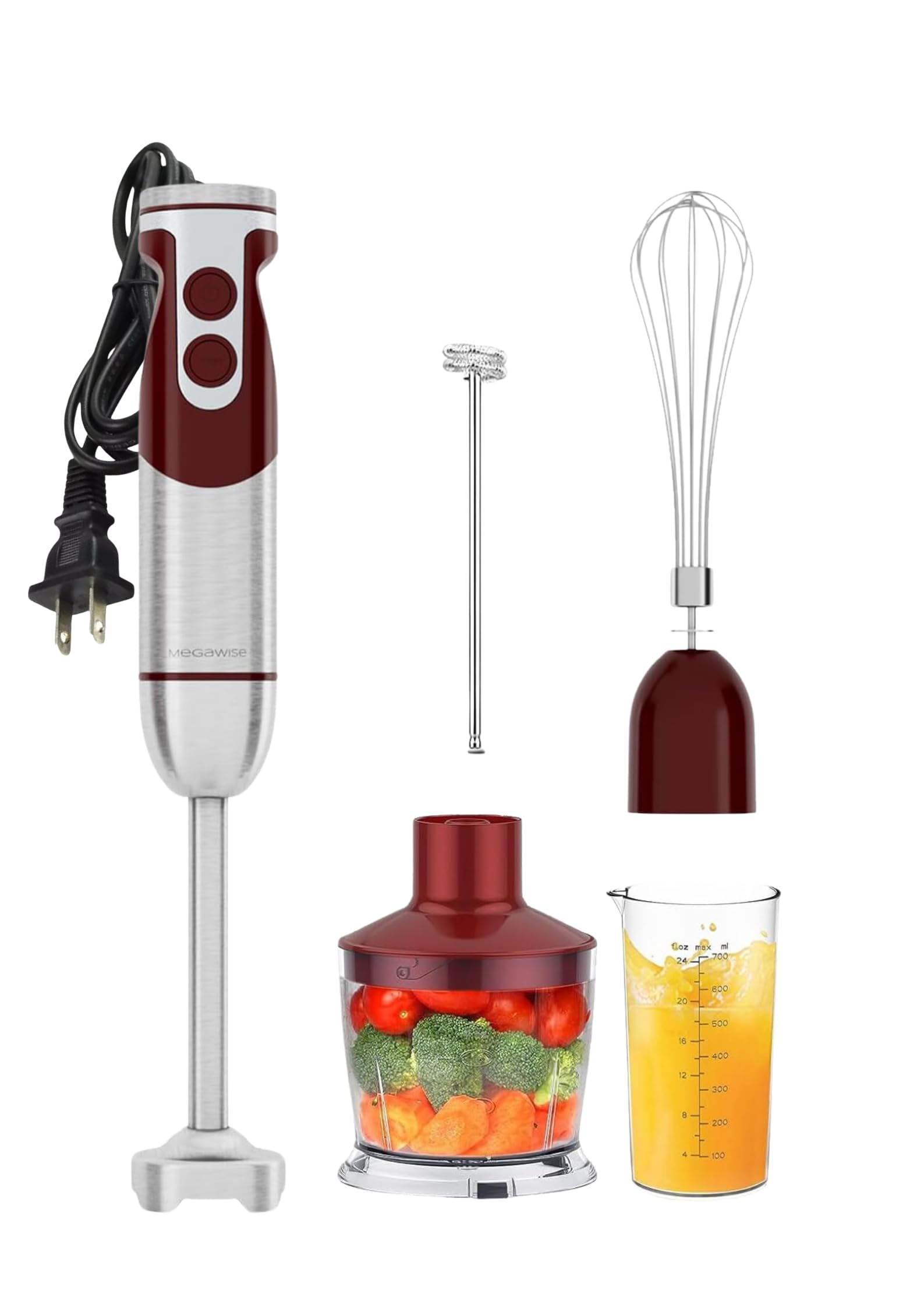 MegaWise 400W 5-in-1 Immersion Hand Blender Set with Variable Speed Control - Includes Whisk, Milk Frother, Food Chopper & Mixing Beaker for Smoothies, Soups, Baby Food & Baking - Perfect for Kitchen, Home Cooking & Meal Prep (Red)