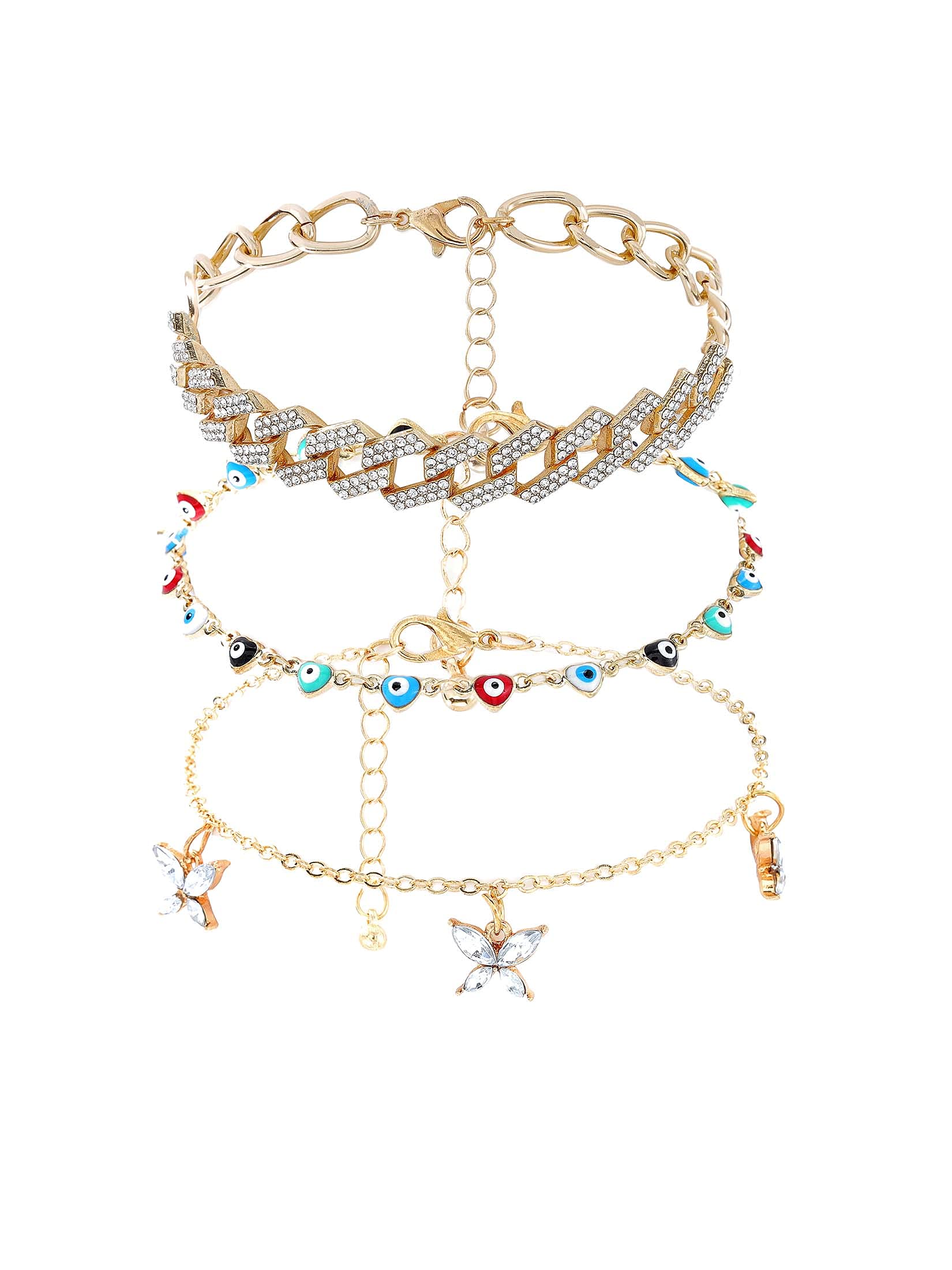 Evil Eye Anklet Set - 3 PCS Gold Butterfly Layered Anklets with Crystals for Women & Girls | Beach Jewelry, Summer Accessories, Boho Chic Style, Gift for Her